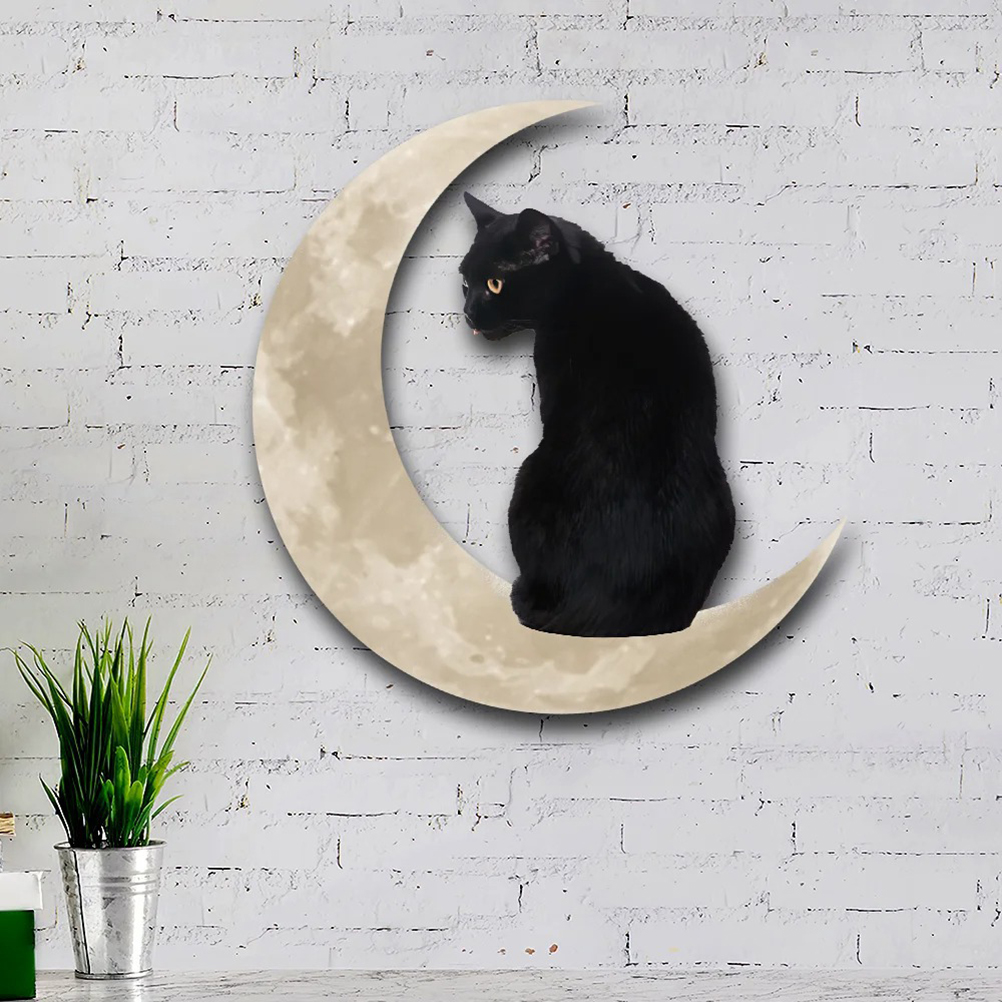 Metallene Wanddekoration Für Zuhause, Anhänger Mit Mond Und Schwarzer Katze, Wandpaneel Für Den Innenbereich, Farbenfroh, 30 X 30 Cm, Verpackt