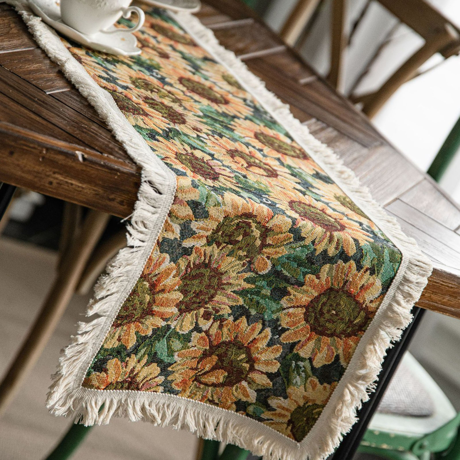 Jacquard-tischdecke Mit Sonnenblumenmuster Und Fransen, Partydekoration Im Amerikanischen Stil, Weißer Jute-borte, 30 X 120 Cm Mit Fransen