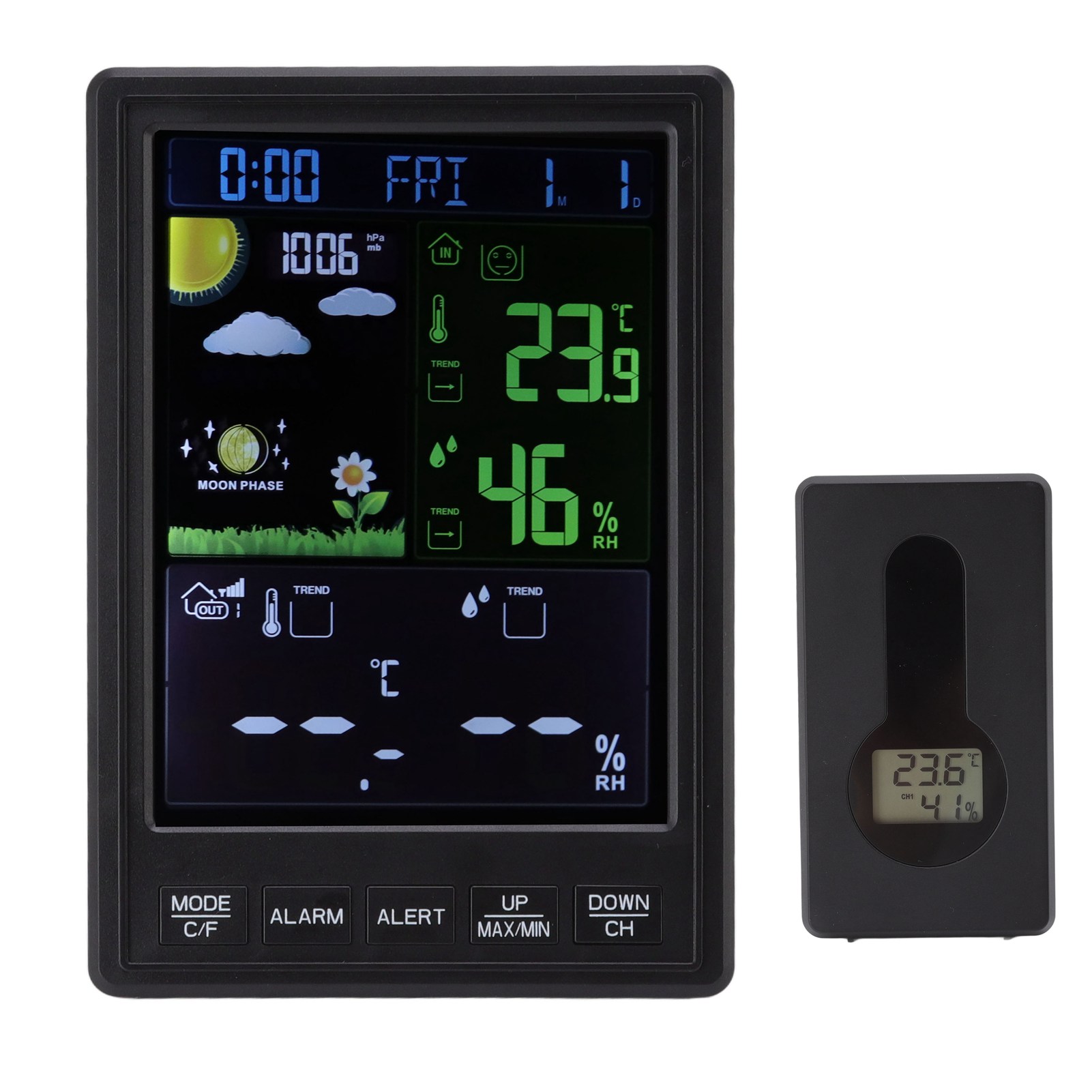 Multifunktionale Wetterstation Mit Temperatur- Und Feuchtigkeitsregelung, Farbiger Innen-/außenuhr, Schwarzem, Wandmontiertem Ewigen Kalender (batterieloser Sender Und Uhr)