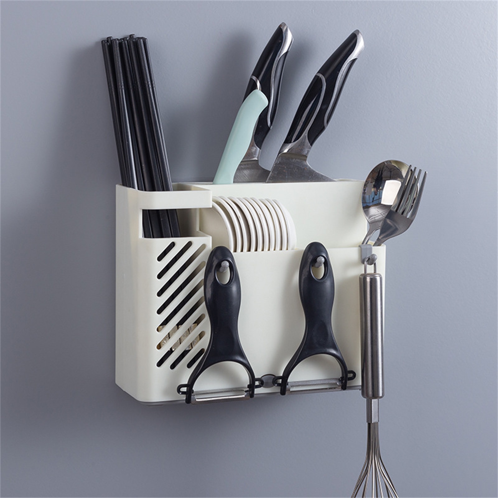 Weißer, Wandmontierter Essstäbchenhalter, Besteckorganizer Und Küchenmesserhalter, Multifunktionaler Hänge-abtropfkorb Für Zuhause.