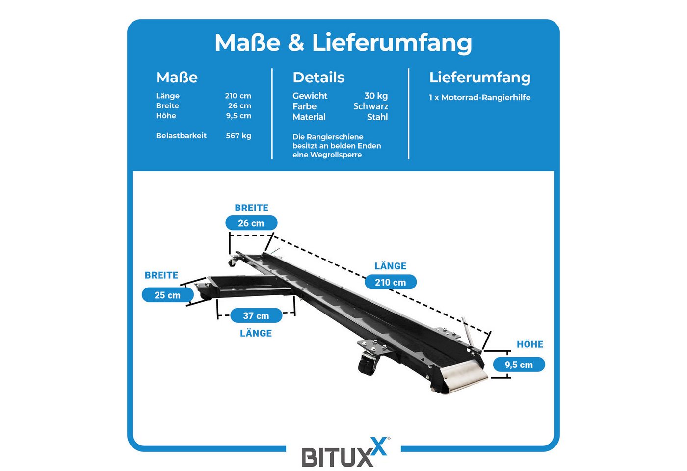 Bituxx Bituxx Motorrad Rangierhilfe Rangierer Rangierschiene Motorradheber Transporthilfe Motorradbühne Parkhilfe Für Garagen Bis 567kg 210cm Schwarz Bild 3