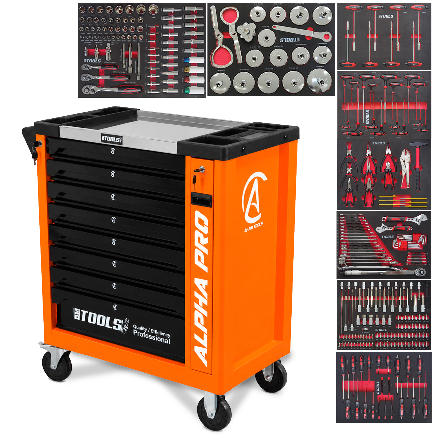 Bm Tools Alpha-pro Werkstattwagen Kfz-garage - 9 Schubladen - 311 Werkzeuge, 4 Räder, 2 Bremsen, Mechaniker-wagen - Orange
