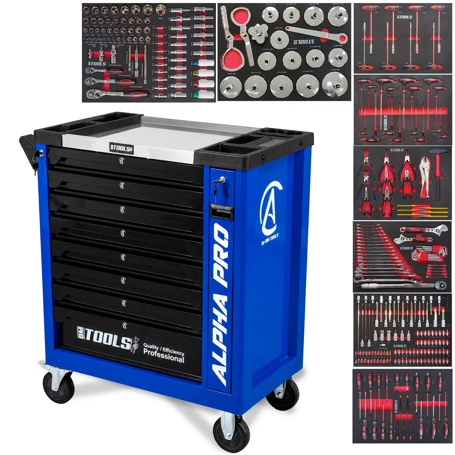 Bm Tools Alpha-pro Werkstattwagen Kfz-garage - 9 Schubladen - 311 Werkzeuge, 4 Räder, 2 Bremsen, Mechaniker Werkzeugwagen - Blau