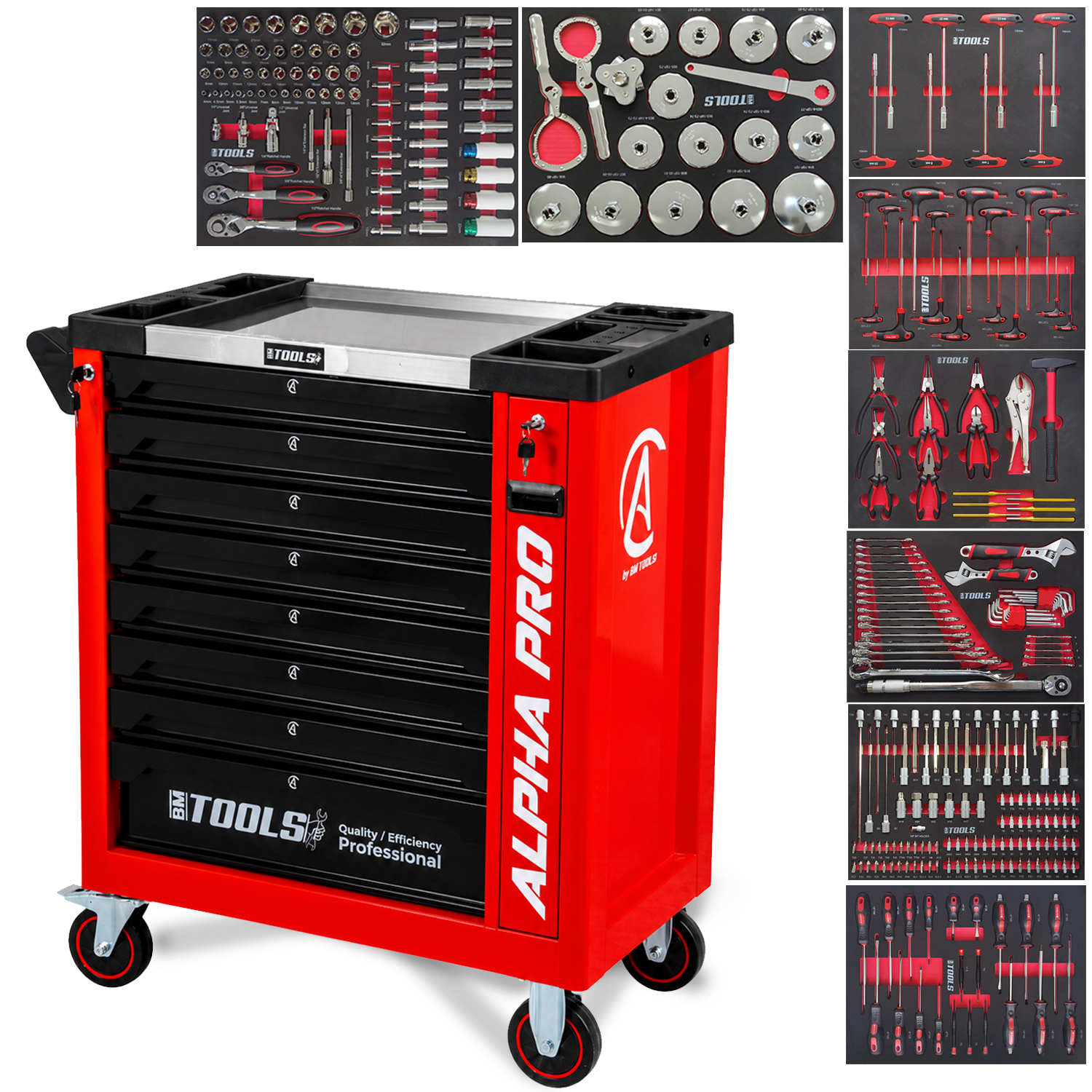 Bm Tools Alpha-pro Werkstattwagen Kfz - 9 Schubladen - 311 Werkzeuge, 4 Räder, 2 Bremsen, Mechaniker Wagen - Rot