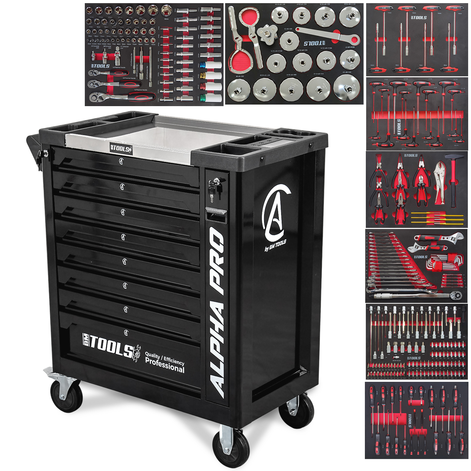 Bm Tools Werkstattwagen Alpha-pro 9 Schubladen 311 Werkzeuge Mechaniker-rollwagen 4 Rollen 2 Bremsen Schwarz, Schlüssel, Filterg