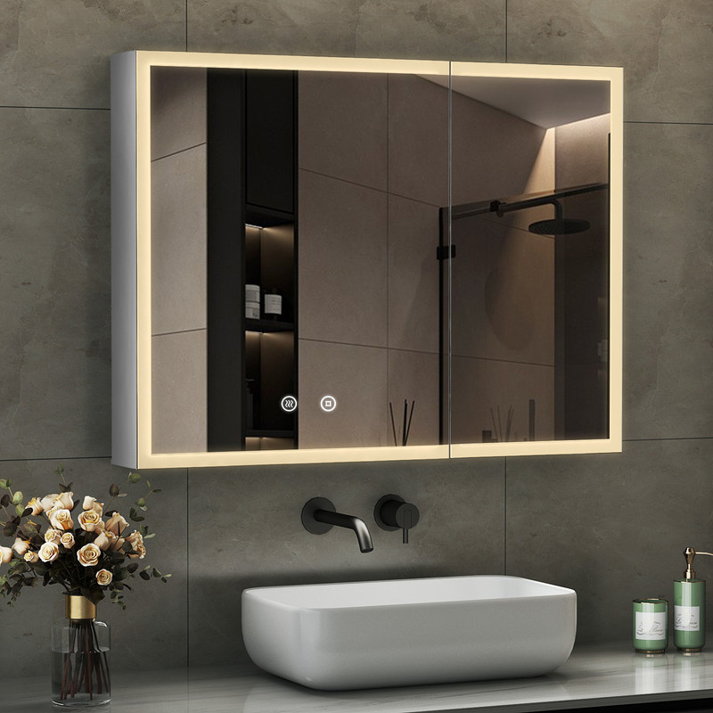 Weiß Spiegelschrank Bad Mit Beleuchtung 80 X 60 Cm Led Spiegelschrank Mit Beleuchtung Badezimmerschrank Hängeschränke Mit 3 Lichtfarben Dimmbar + Beschlagfrei + Memory-funktion