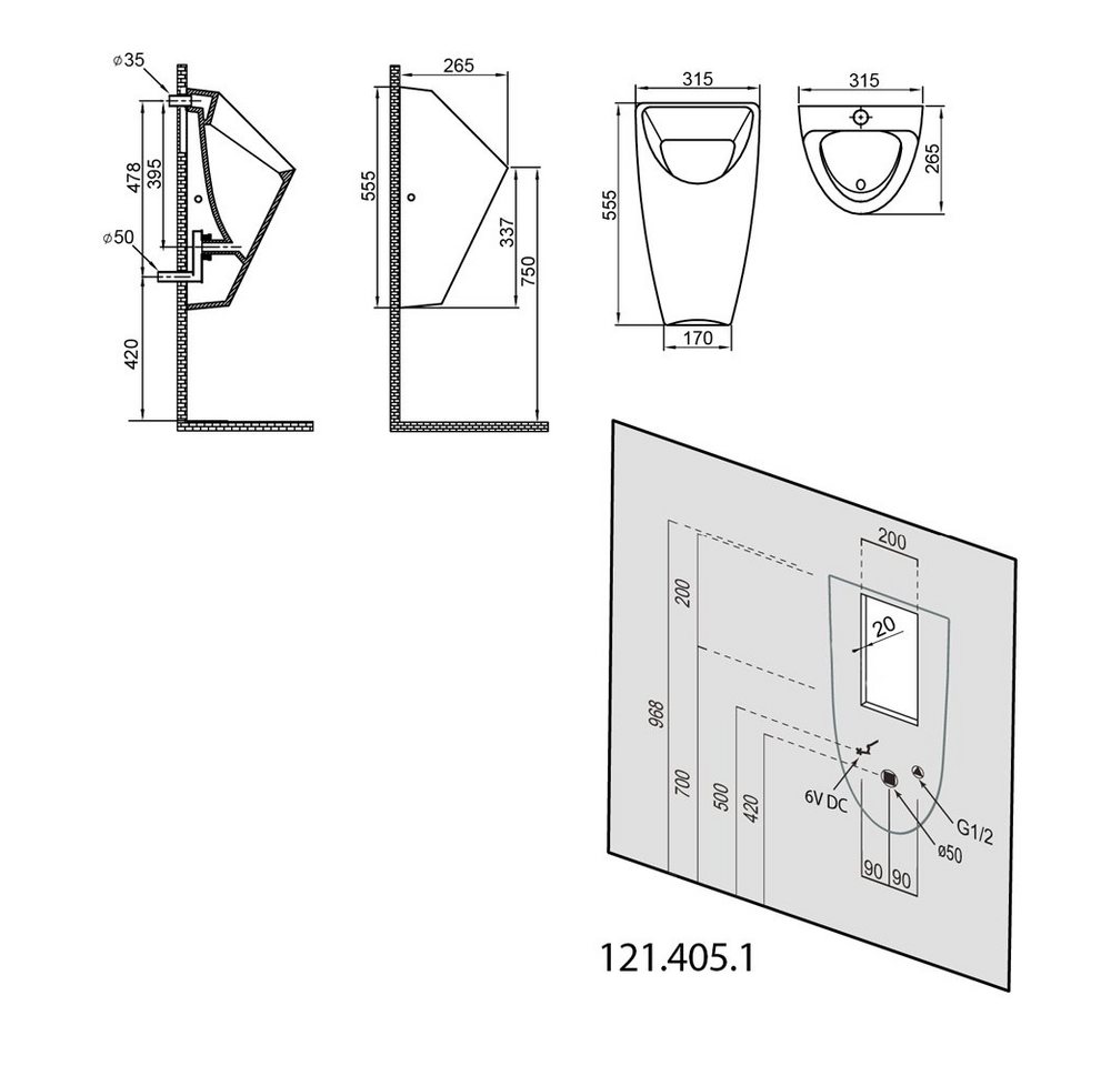 Bruckner Schwarn - Urinal, Wasseranschluss Hinten, Mattschwarz 201.701.6