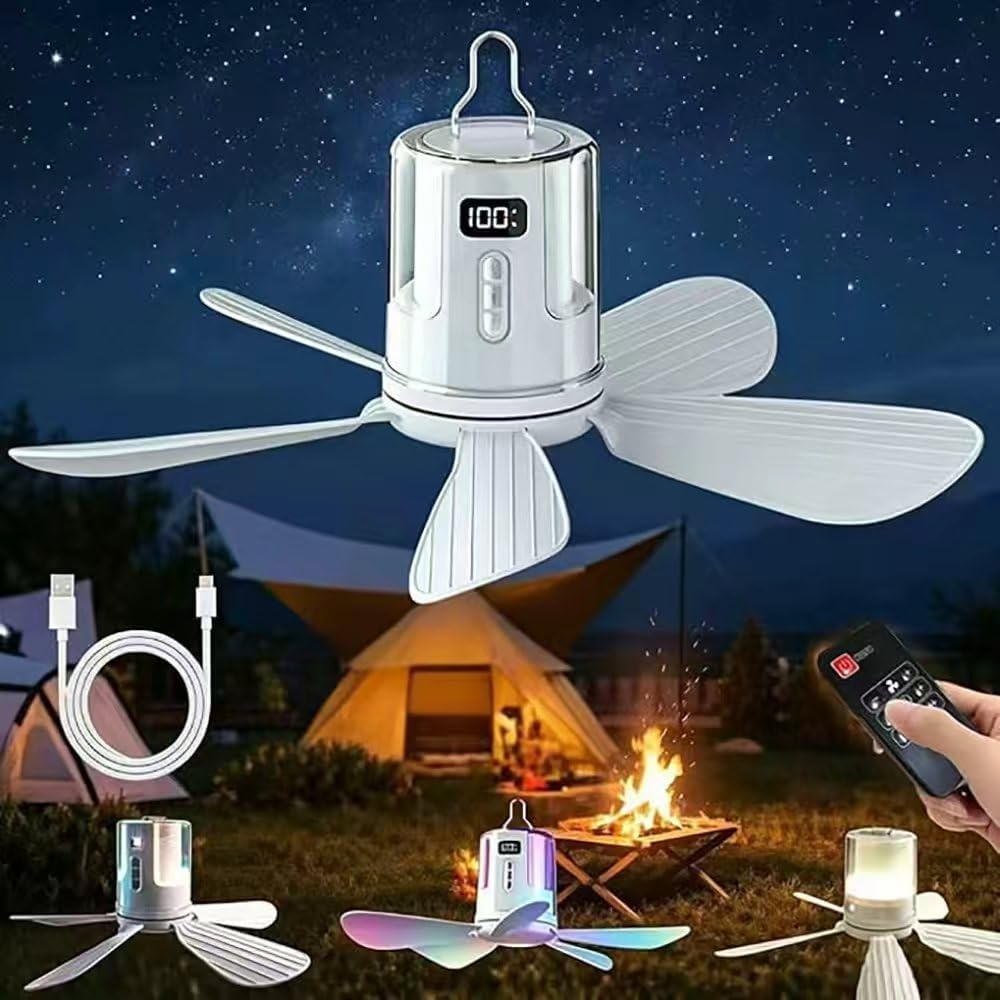 Campingventilator Mit Licht, Deckenventilator Mit Licht Und Fernbedienung, Led-campinglampe Mit Usb-wiederaufladbarem Ventilator, Timer, Einstellbaren Geschwindigkeiten, Für Zelt, Camping (40 Cm - 108