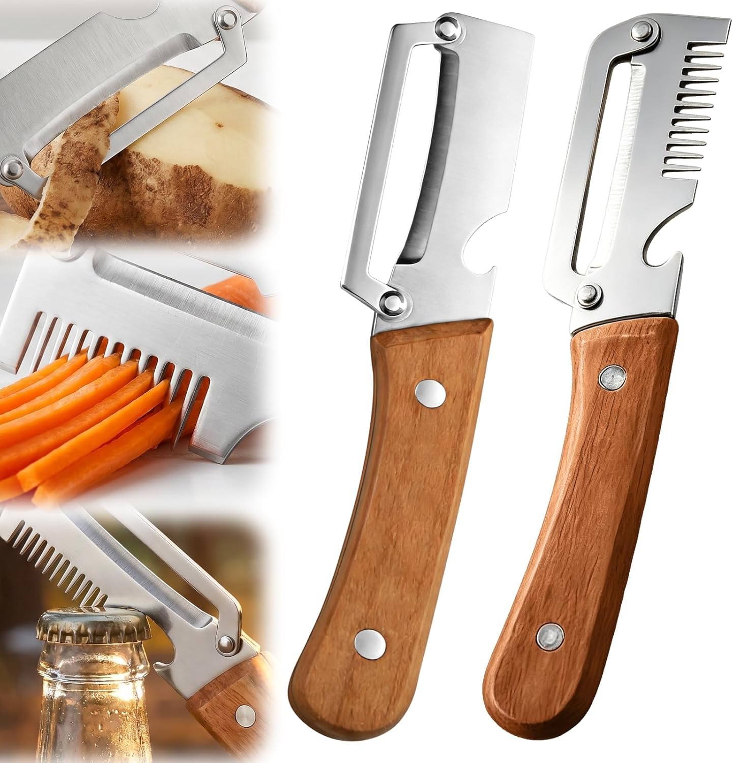 2er-set Multifunktions-schäler, Schäler Mit Holzgriff, Robuster Edelstahl, 3-in-1-multifunktions-gemüse- Und Obstschäler, Flaschenöffner Und Schnittlauchschneider.