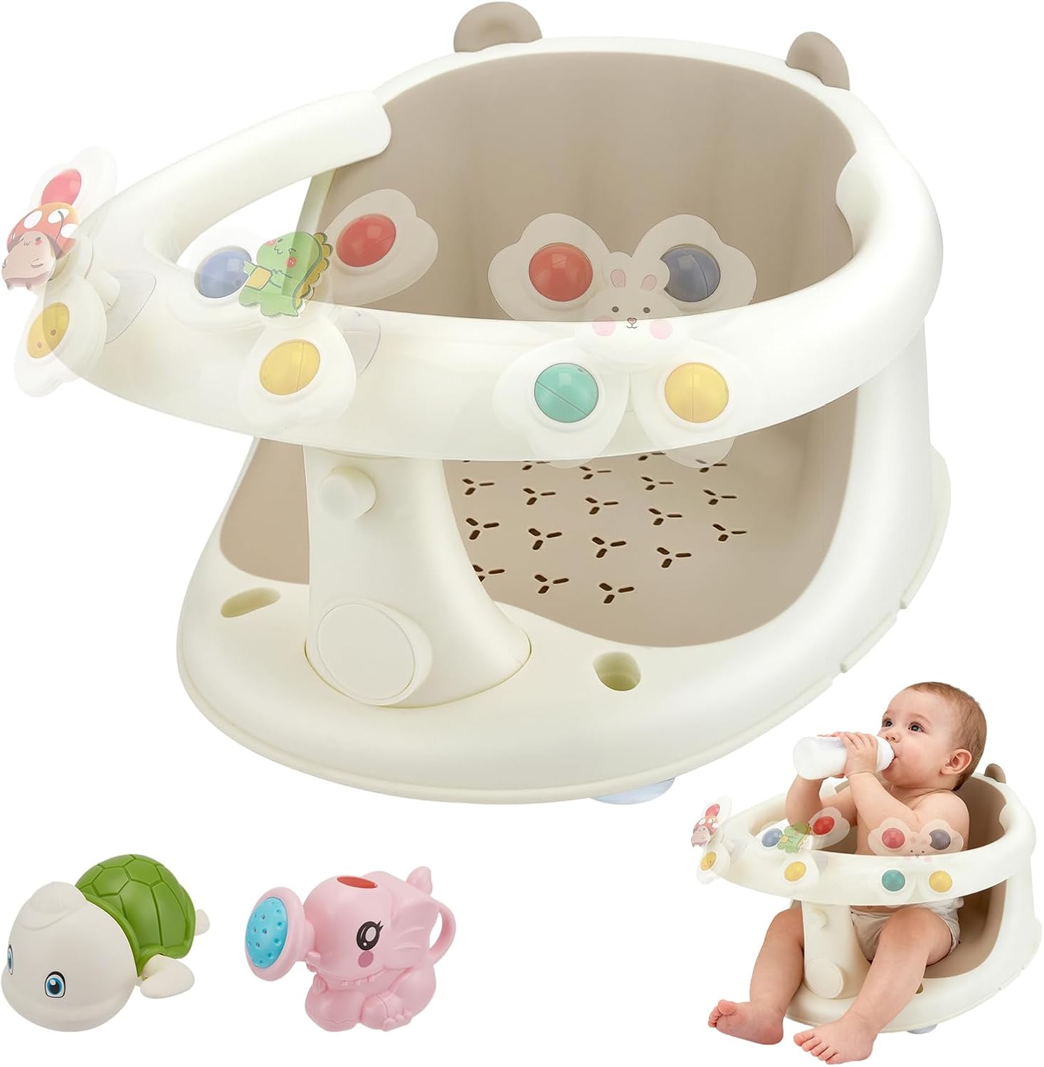 2-in-1 Babybadesitz – 16-teiliges Spielzeugzentrum, 4 Rutschfeste Saugnäpfe, Ergonomisches Design, 6 Monate Bis 20 Kg, Schneller Wasserablauf, Tragbarer Badestuhl – Sicher Und Unterhaltsam