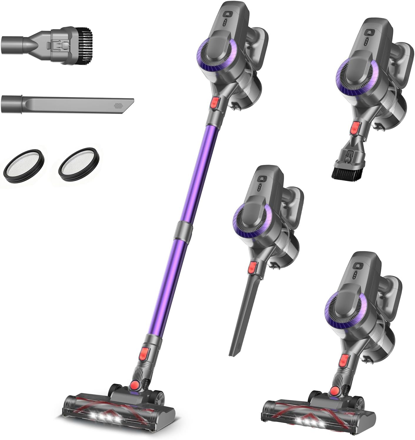 Akku-stielstaubsauger, 30 Kpa & 2 Geschwindigkeitsstufen, 175 W, Leicht, 55 Minuten Laufzeit, Beutelloser 6-in-1-stielstaubsauger Für Tierhaare, Teppiche, Sofas Und Autos
