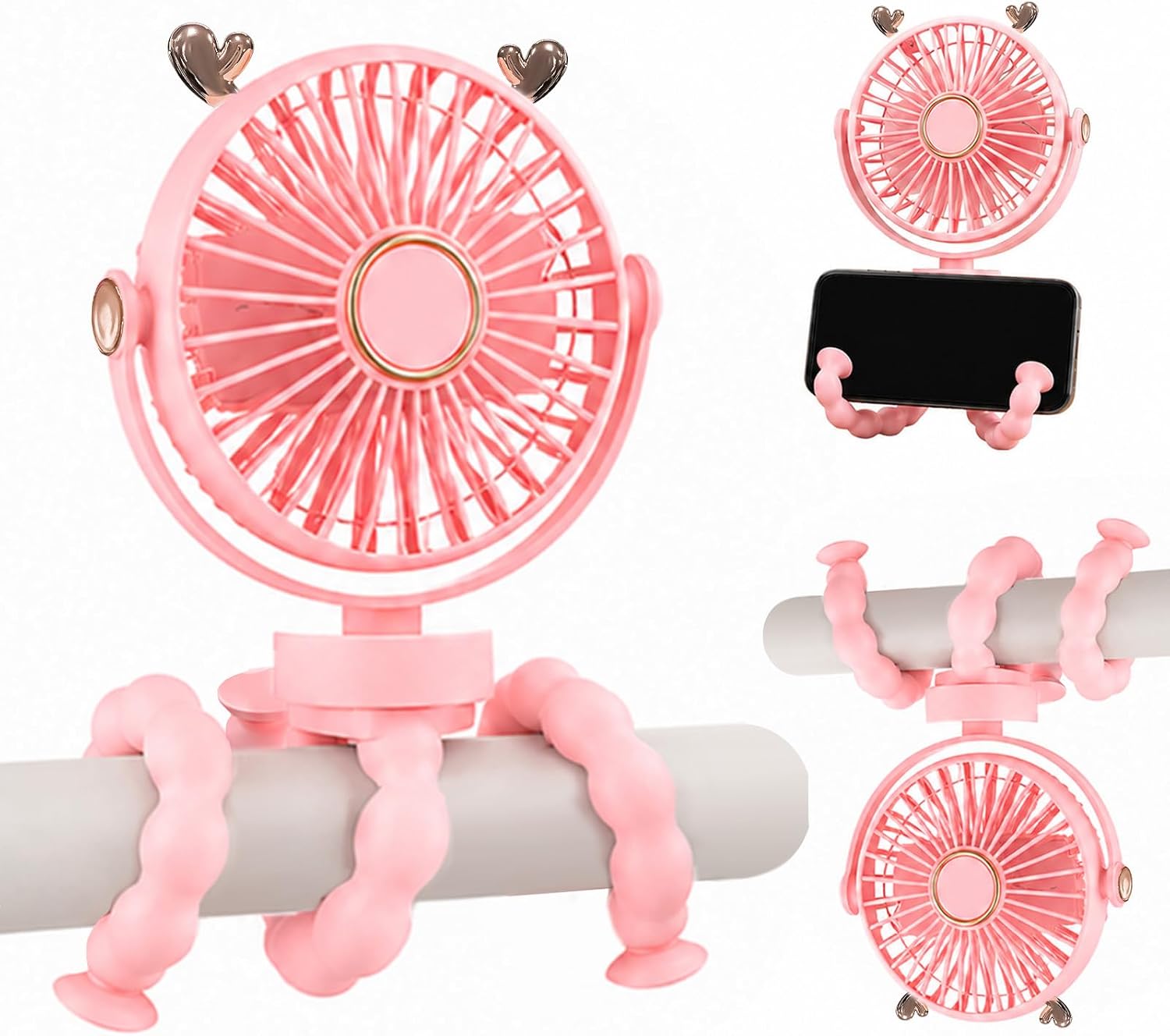 Tragbarer Kinderwagenventilator, 360°-drehung, 3 Windgeschwindigkeitsstufen, Tragbarer Ventilator, Geeignet Für Kinderwagen, Camping, Autositze Und Büros (rosa Hirsch)