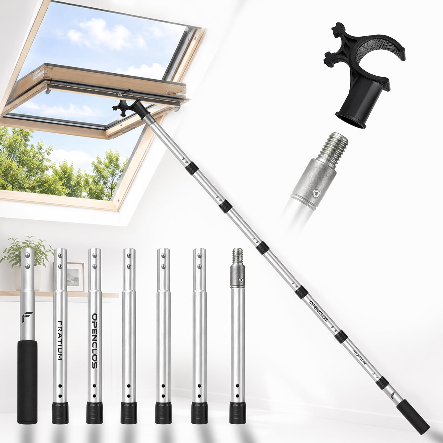 Openclos Dachfensterstange Für Verdunkelungsrollos Und Moskitonetze, Kompatibel Mit Velux Ggl-, Ggu-, Gpu- Und Ghl-fenstern Rutschfester Haken, 7 Aluminiumsegmente, 182 Cm