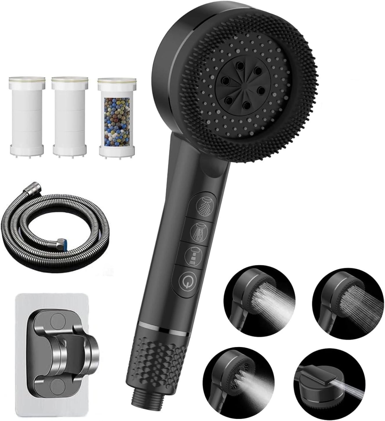 Hochdruck-duschkopf Mit 3+1 Strahlarten, Wassersparender Duschkopf Mit Pausentaste – Anti-kalk-duschkopf Mit 3 Filtern, 1,5 M Schlauch, Wandmontage, Ideal Für Hartes Wasser (schwarz)