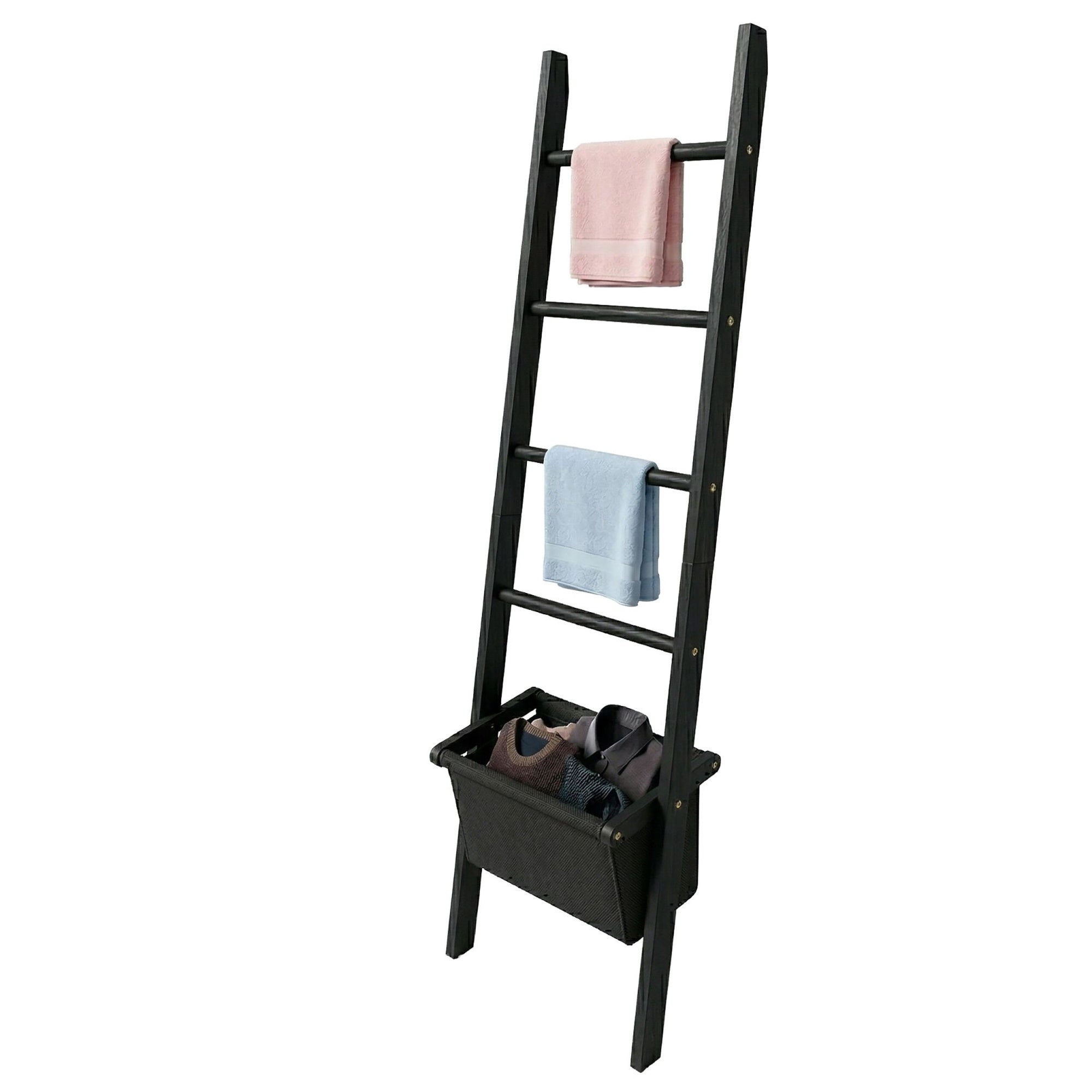 Black Walnut Towel Ladder With Basket, 4 Rungs