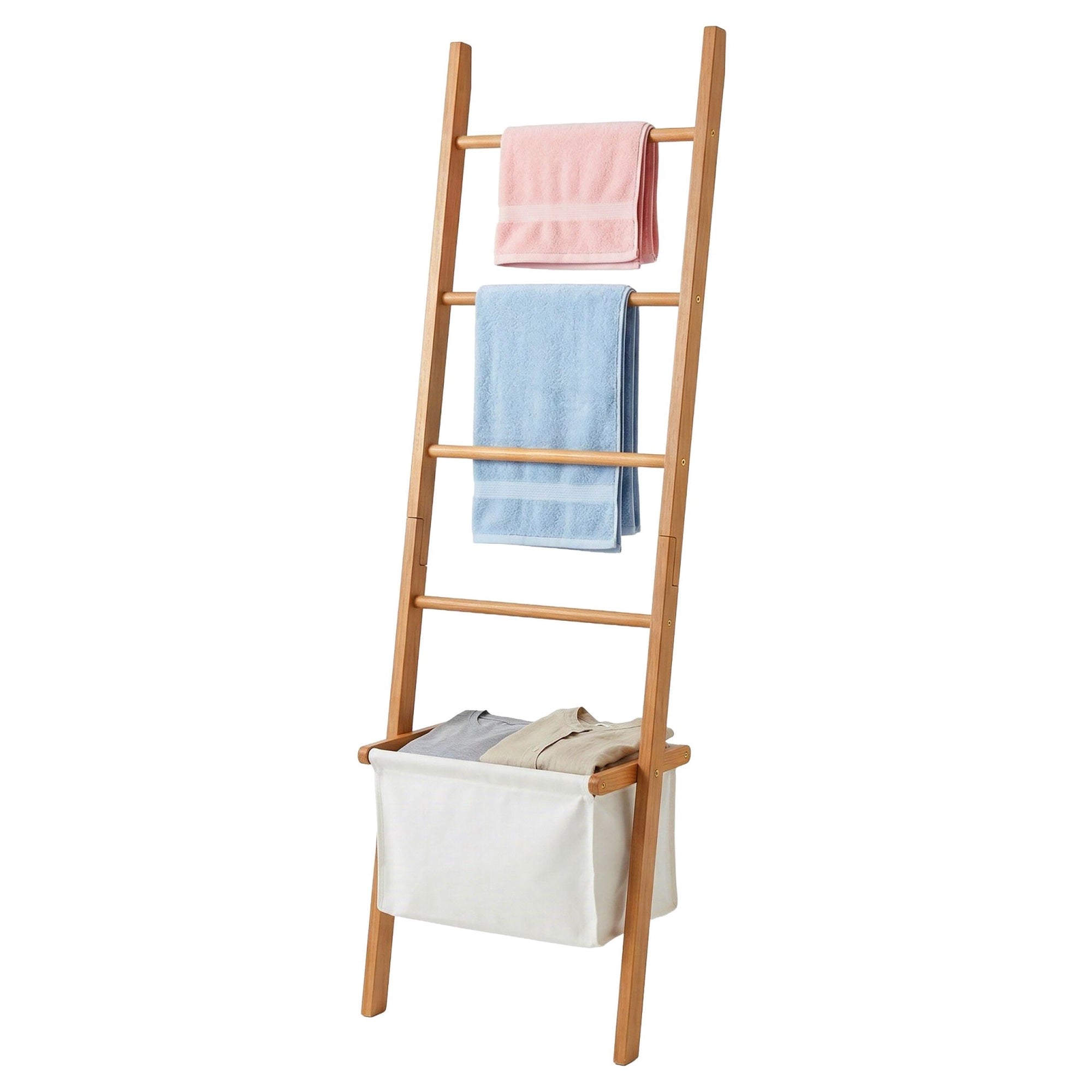 Towel Ladder With Walnut Finish And Laundry Basket
