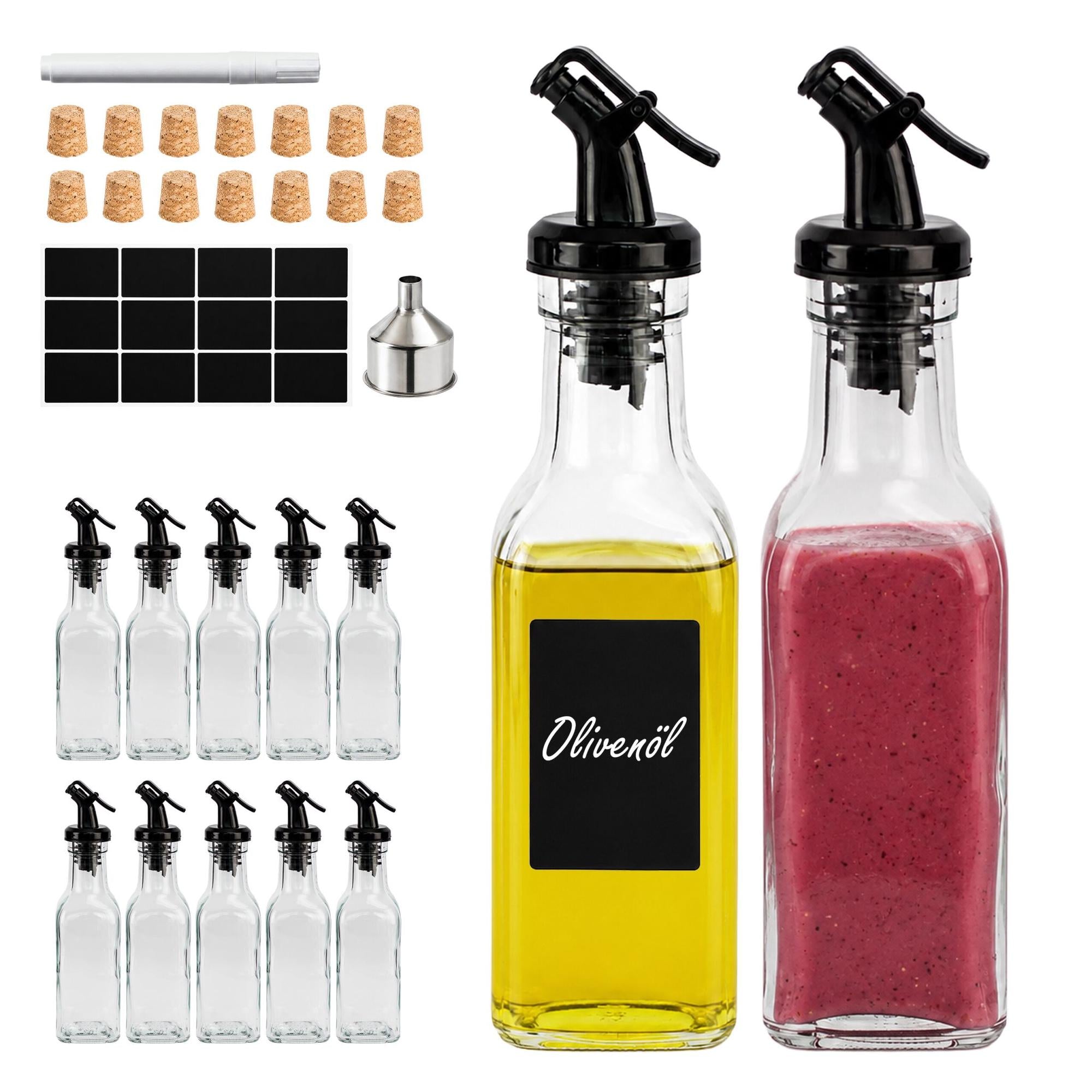 12 Glass Oil Bottles With Pourers And Labels Set