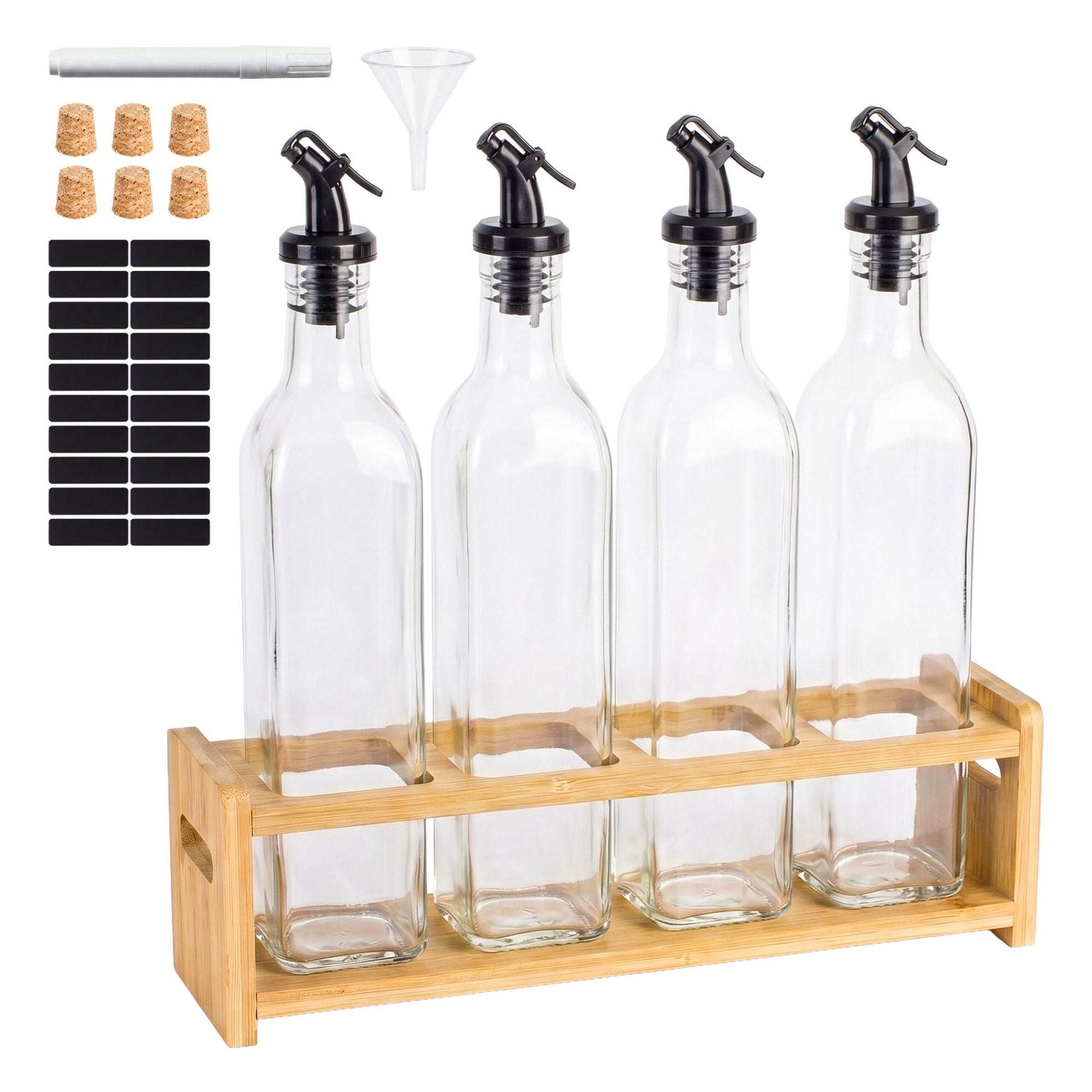Glass Oil Bottle Set With Bamboo Holder - 4 Pack