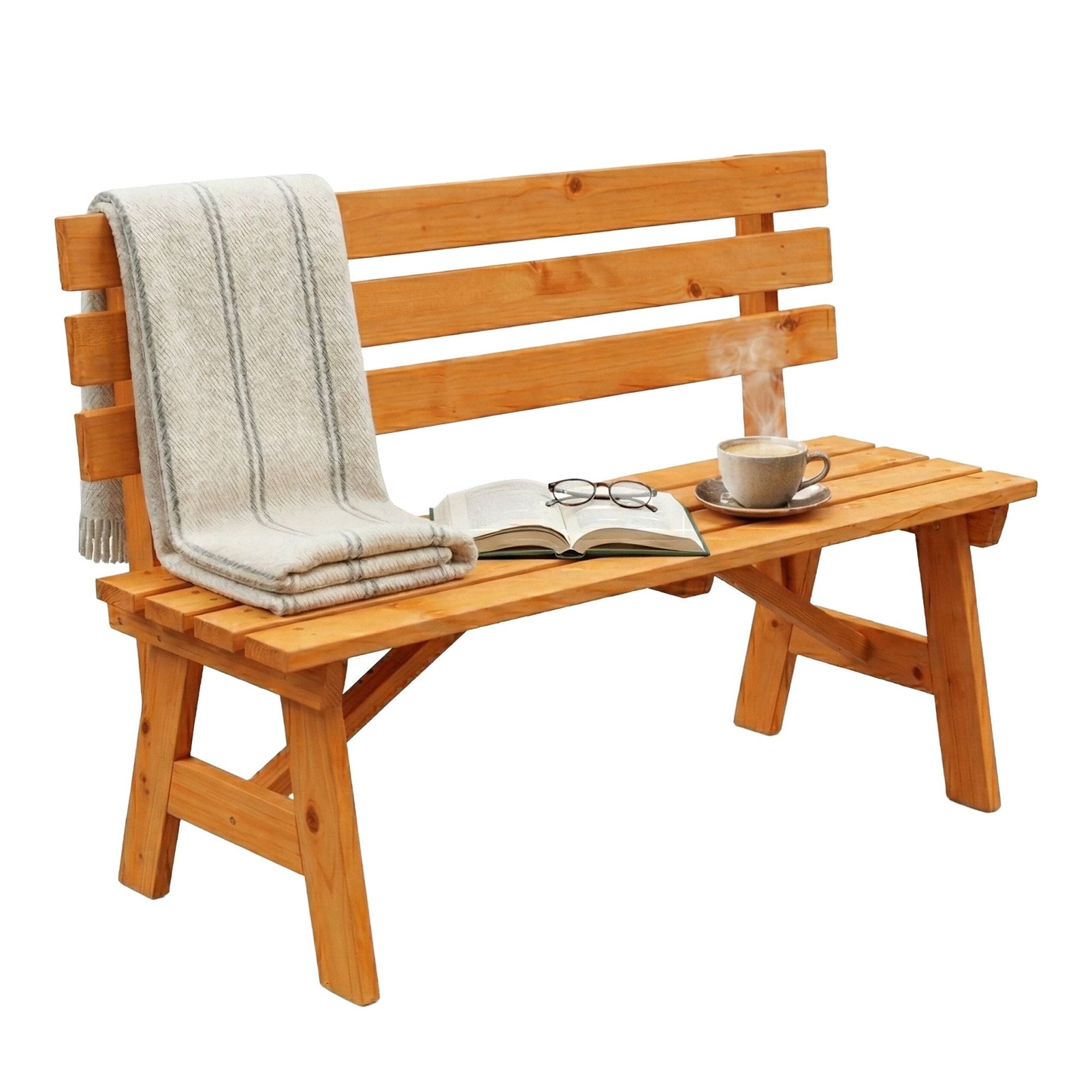 Outdoor Fir Wood Garden Bench With Backrest, Orange