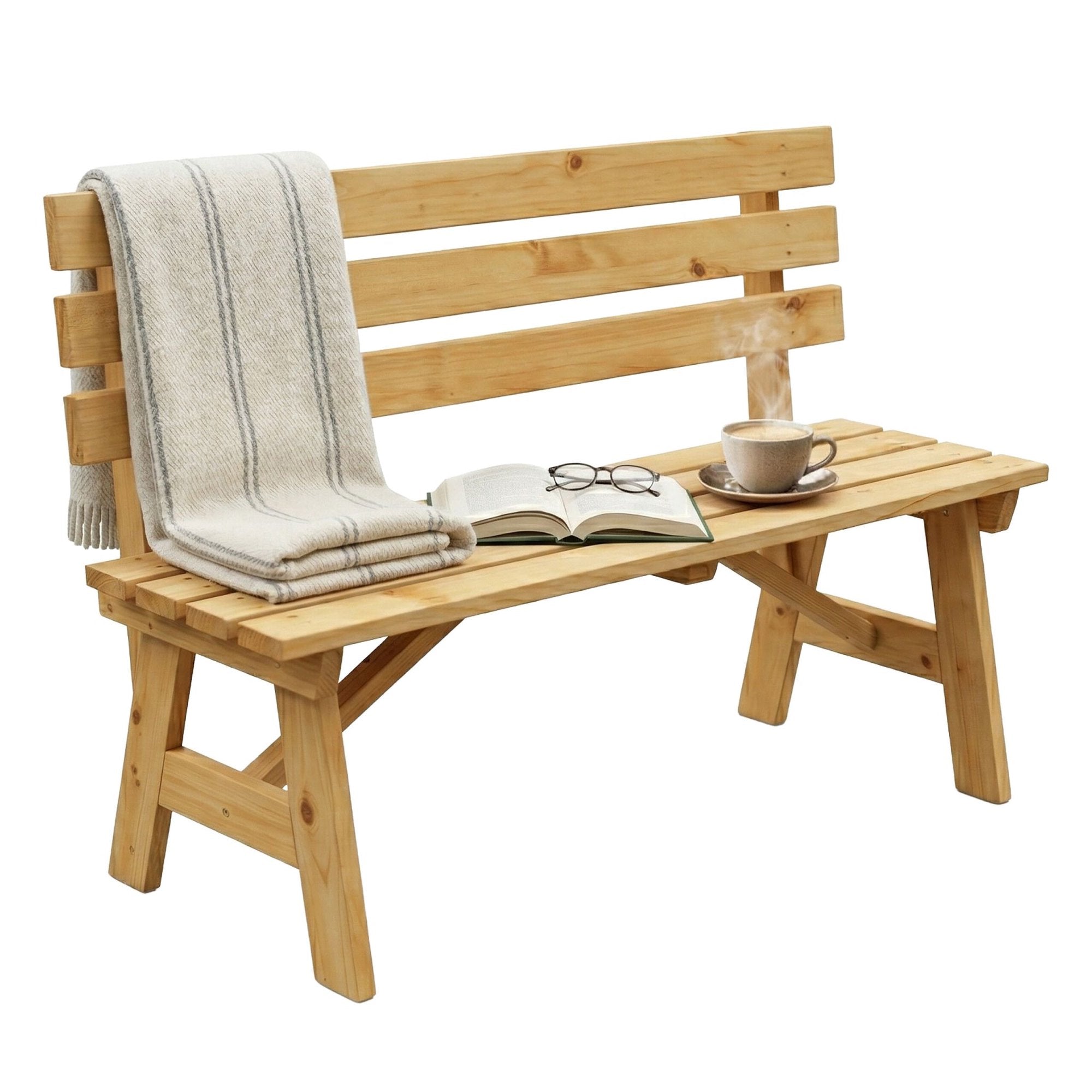 Outdoor Fir Wood Garden Bench With Backrest, Natural