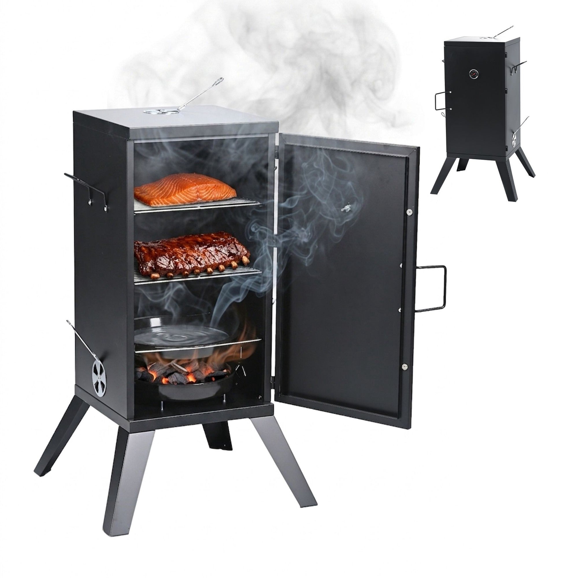 Wood-fired Steel Smoker, Black - 2-level Cooking