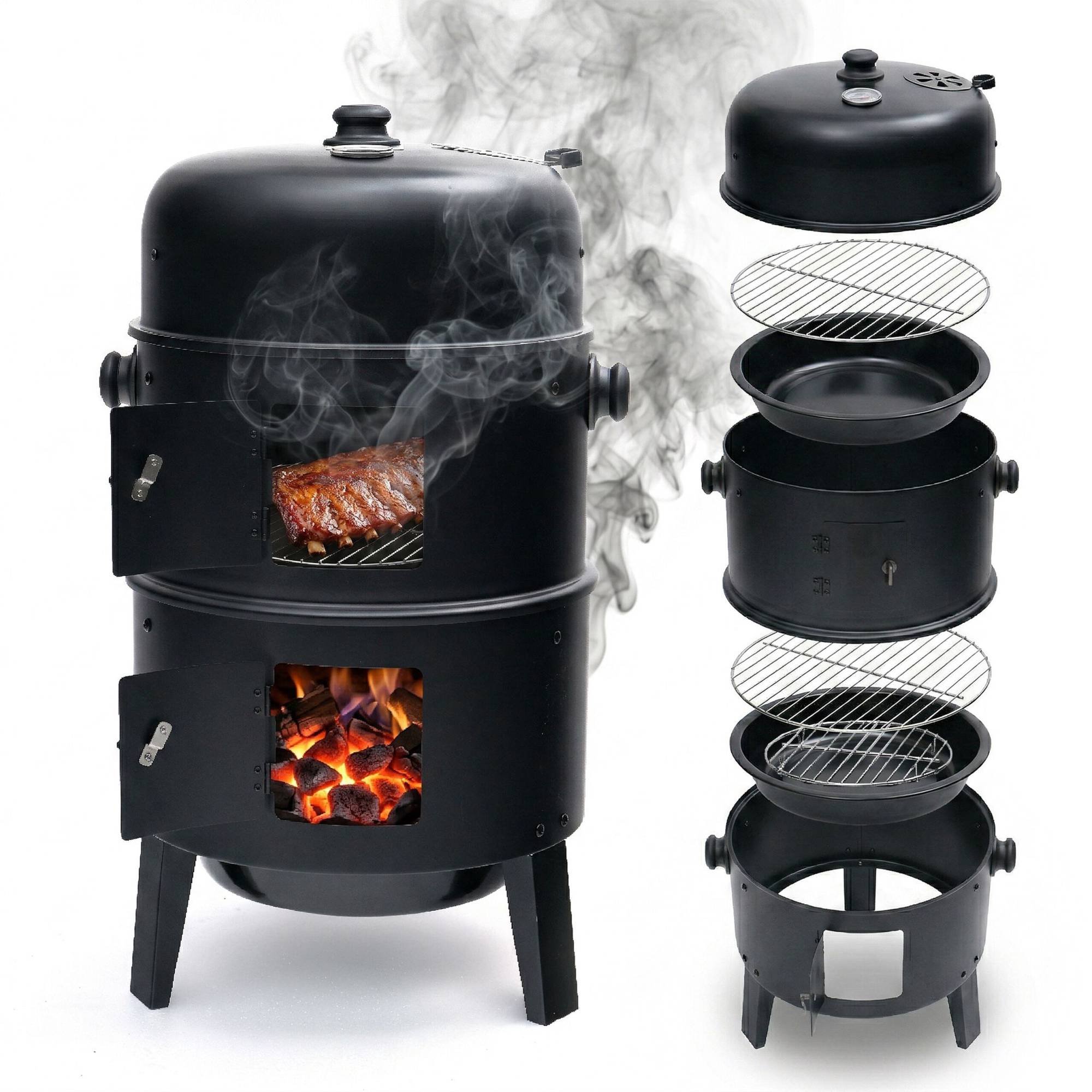 Black Steel Smoker With Thermometer And Water Bowl