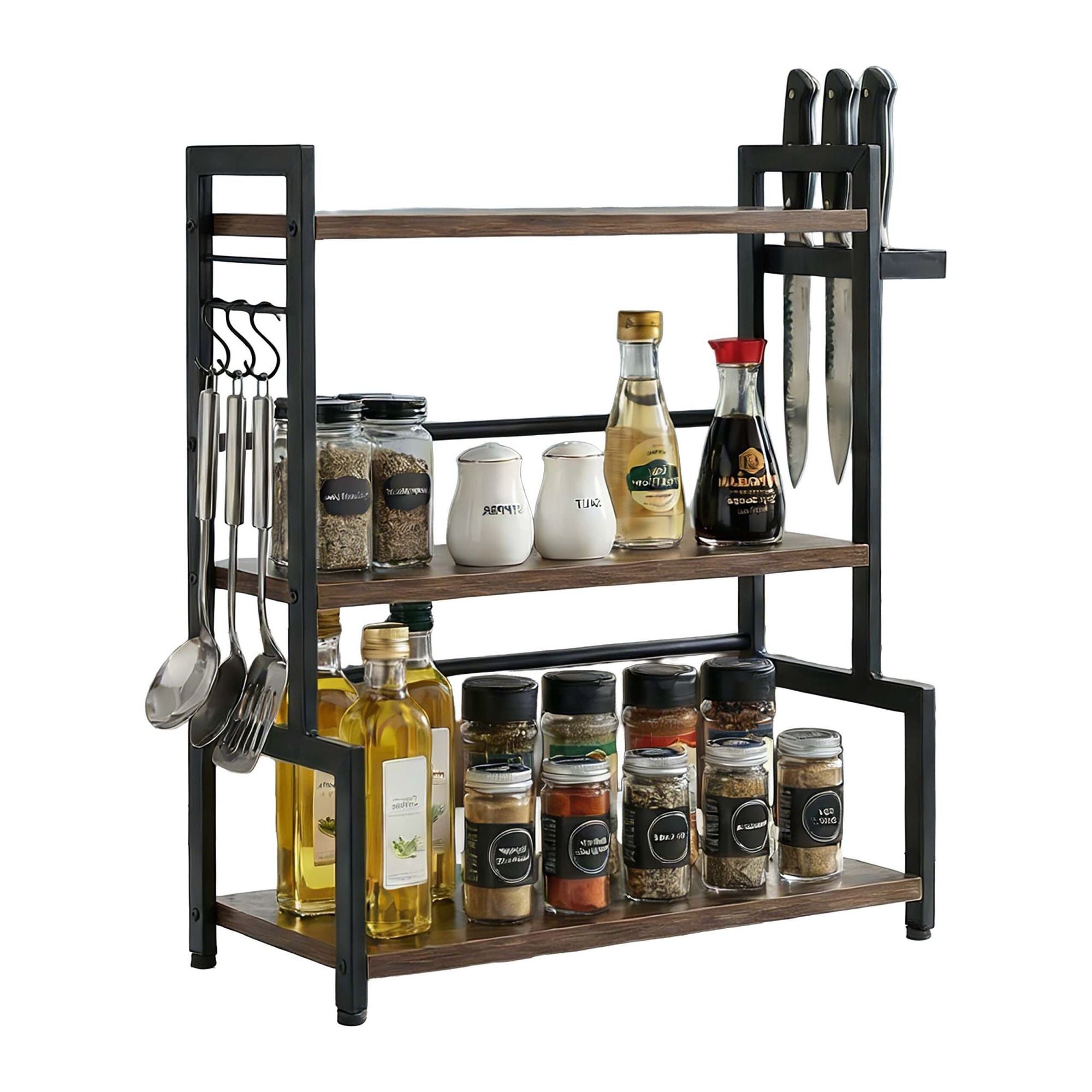 3-tier Dark Brown Spice Rack With Hooks & Knife Holder