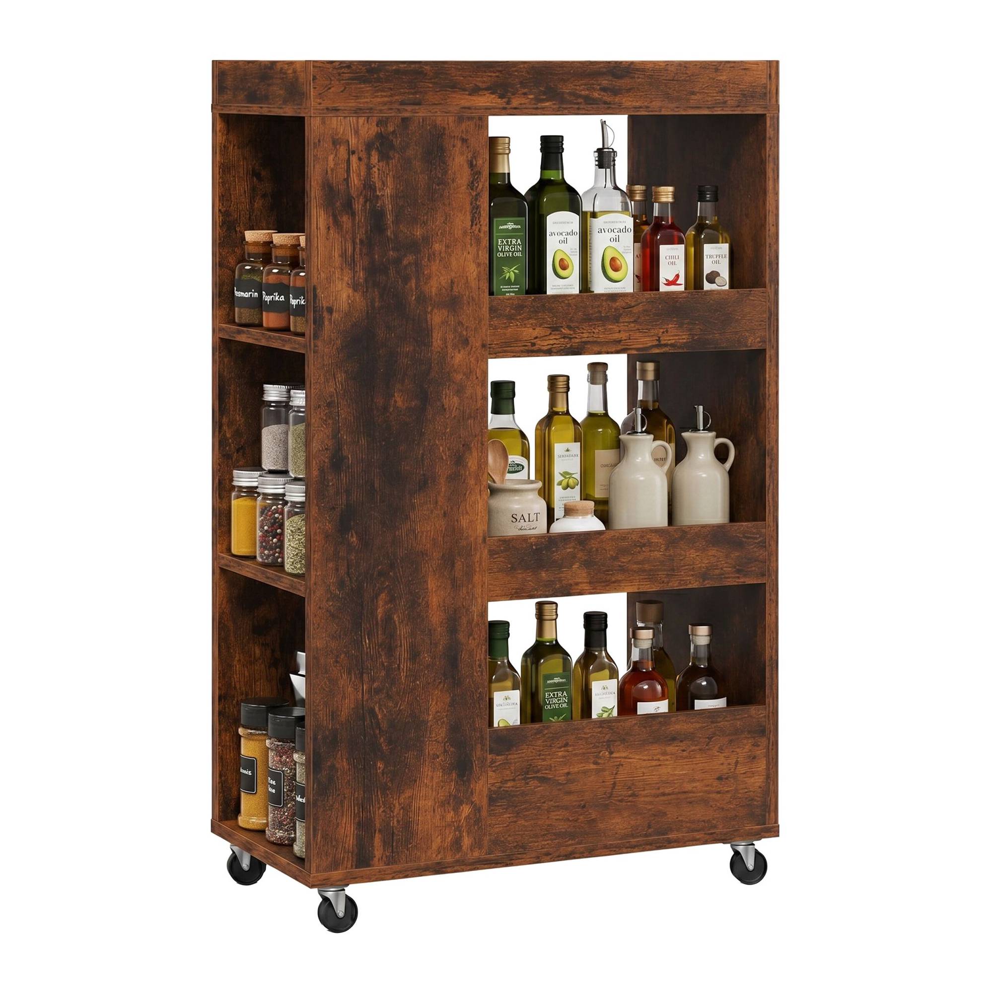 4-tier Brown Kitchen Trolley With Shelves & Compartments