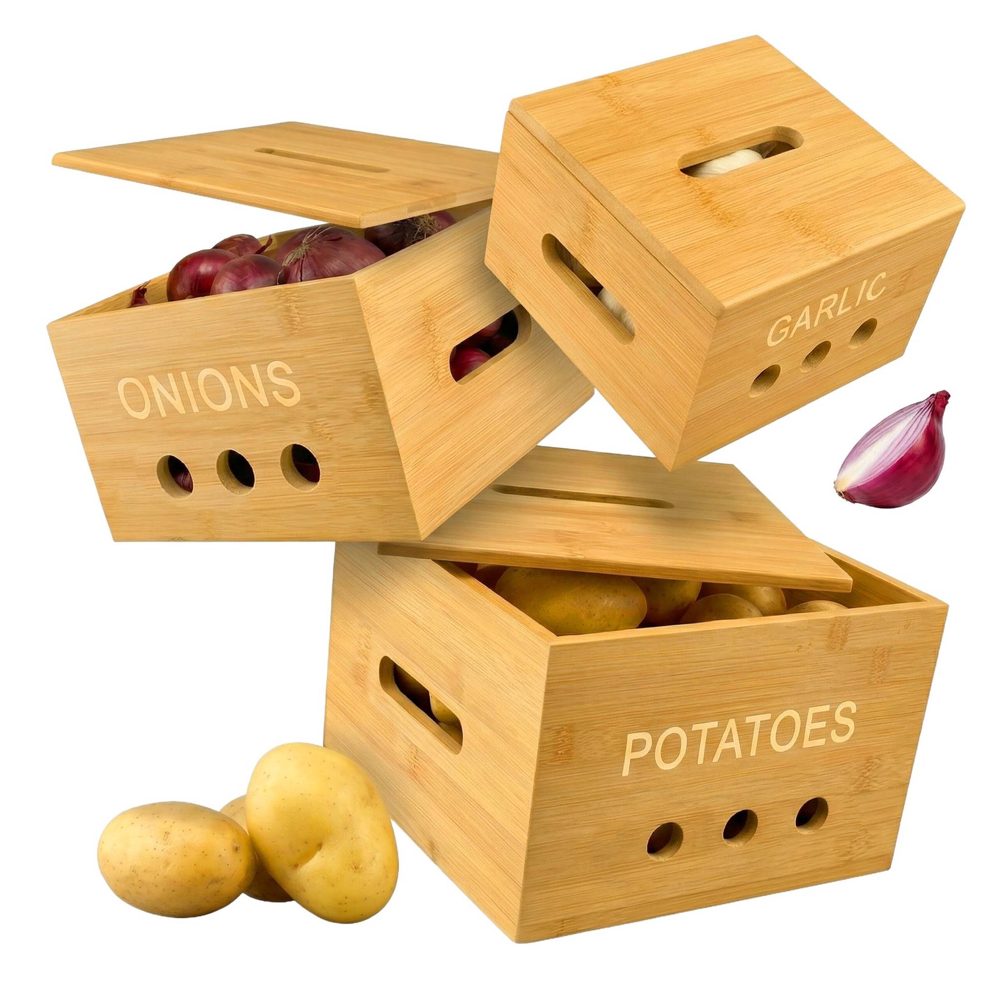 Bamboo Kitchen Storage Box Set - Potato, Onion, Garlic