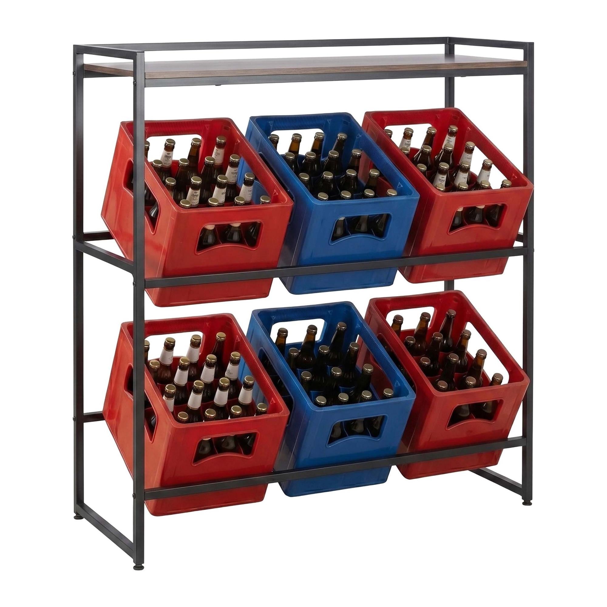 Industrial Drink Crate Rack, 2-tier, Metal & Mdf, Black/brown
