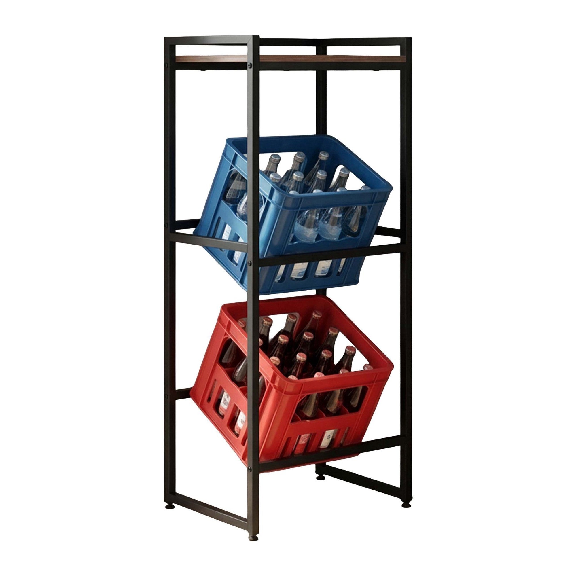 Industrial-style Drink Crate Rack, 2-tier, Black/brown