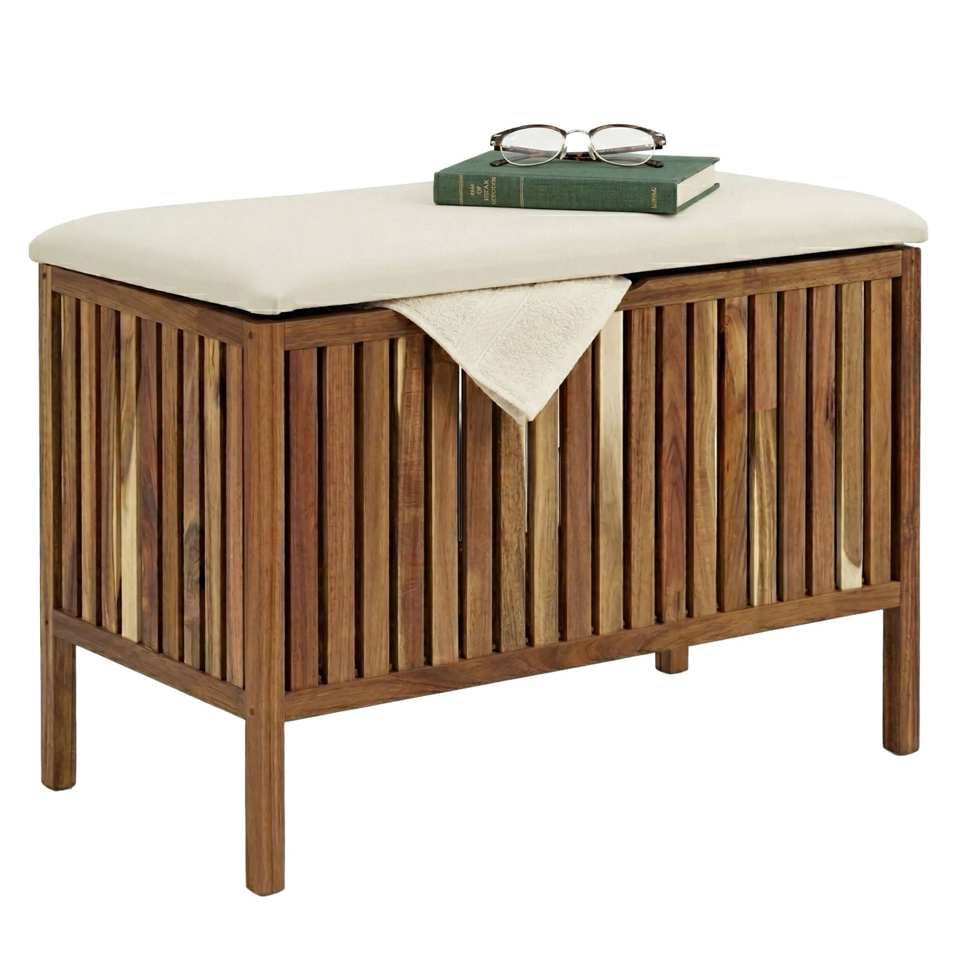 Acacia Wood Laundry Bench With Padded Seat, 80l Capacity