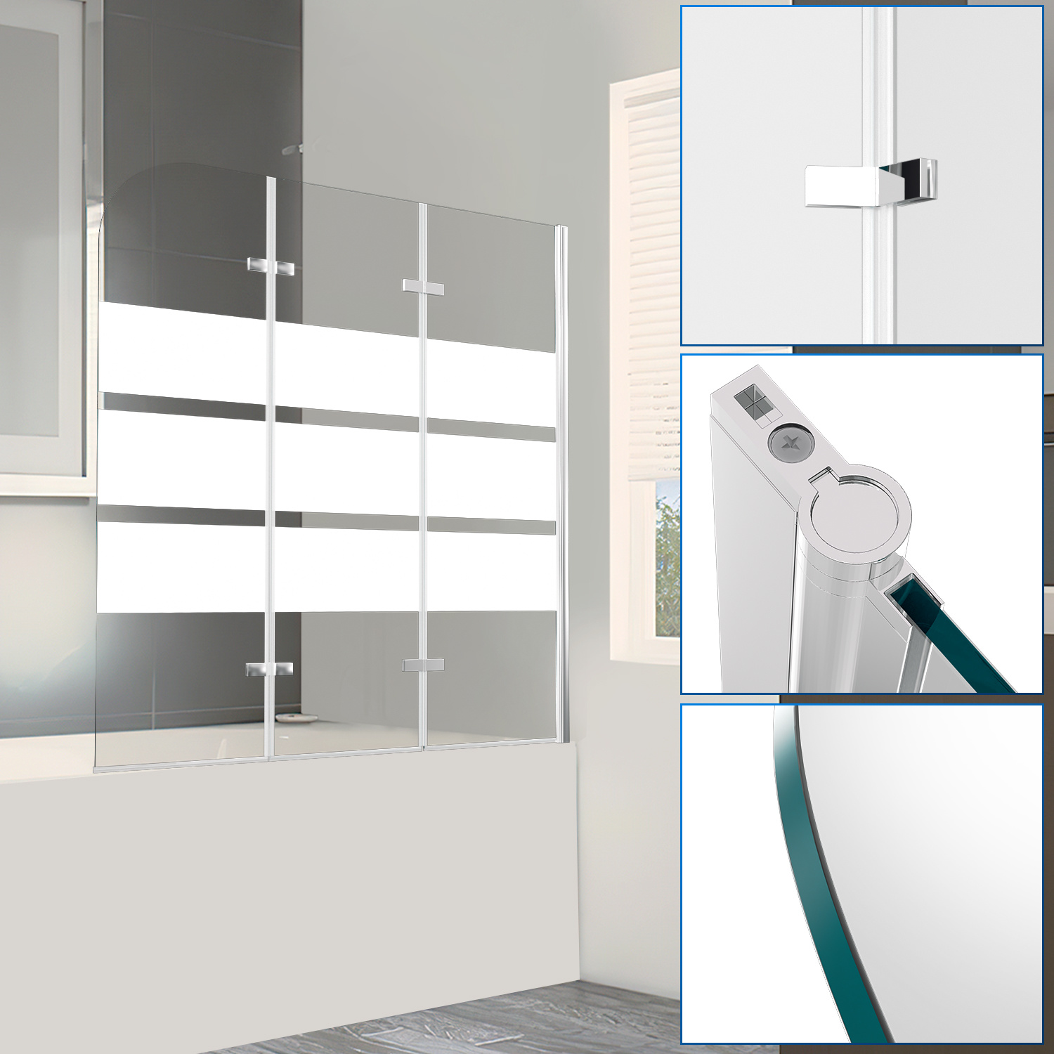 Tolletour Duschwand Badewanne 120 X 140 Cm, 3-teilig Faltbare Badewannenfaltwand, Badewannenaufsatz Aus 6 Mm Esg Sicherheitsglas, 180° Schwenkbar, Weiße Streifen