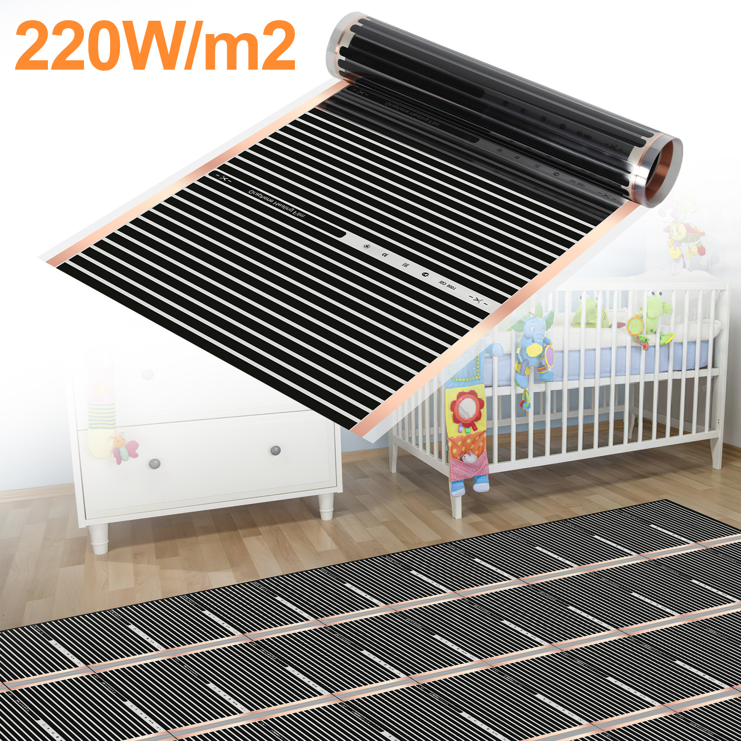 Tolletour Heizfolie 1 Stück,220 W/m²,für 1 M²,elektrische Fußbodenheizung,2 X 0,5 M,0,338 Mm,schwarz,mit Anschlusszubehör
