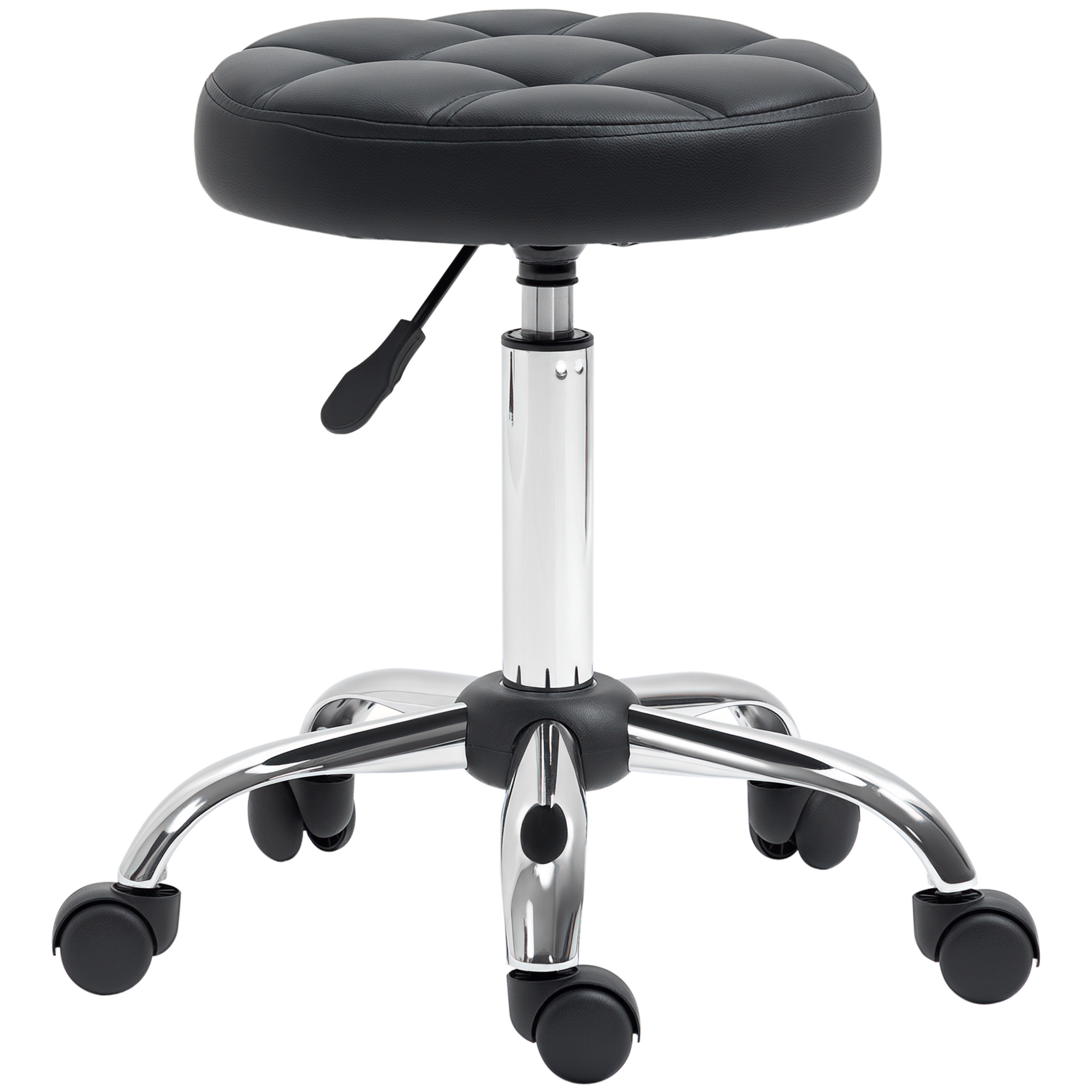 Drehhocker Mit Rollen, Höhenverstellbar Von 48 Bis 63 Cm, Bezug Aus Kunstleder, Ideal Für Friseursalons, Kosmetikstudios Und Zahnarztpraxen, Durchmesser 35,5 Cm, Schwarz.