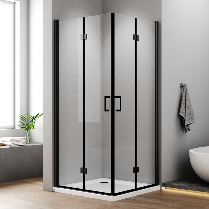 Eckeinstieg Duschkabine 120x90 Cm Schwarz Falttür 180° Duschabtrennung Drehfalttür Dusche 6mm Nano Beschichtung Esg Glas Faltbare Duschwand Höhe 195cm