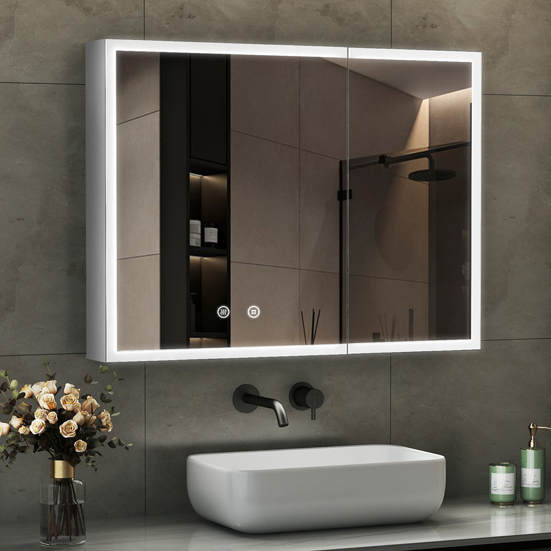 Spiegelschrank Mit Beleuchtung Weiß Spiegelschrank Bad Mit Beleuchtung 80x60 Cm Badezimmerschrank Mit Spiegel Bad Hängeschränke Mit 3 Einstellbare Lichtfarben + Beschlagfrei, Komplett Vormontiert
