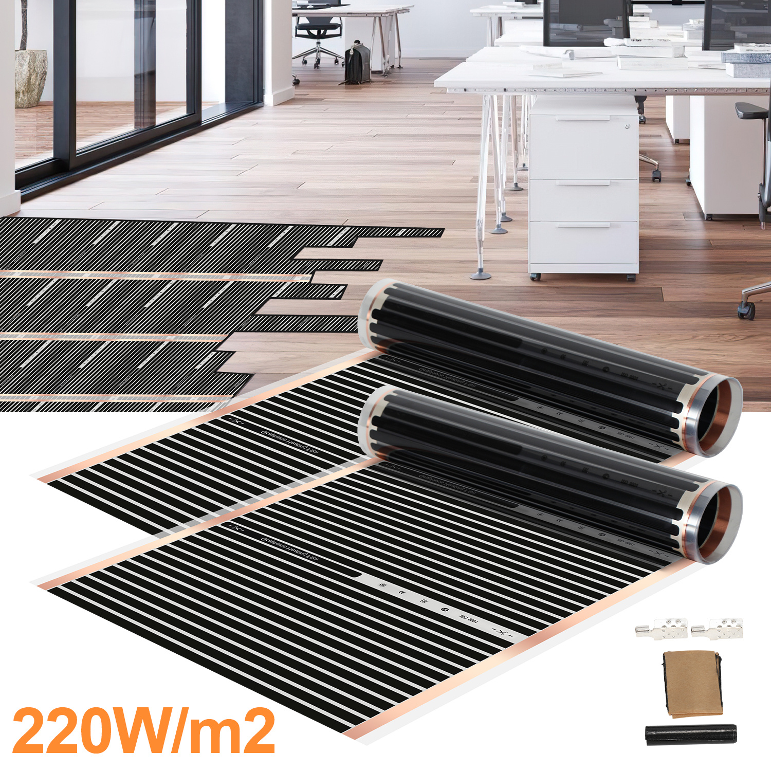 Wolketon Heizfolie 2 Stück,220 W/m²,für 2 M²,elektrische Fußbodenheizung,je 2 X 0,5 M,0,338 Mm,schwarz,mit Anschlusszubehör