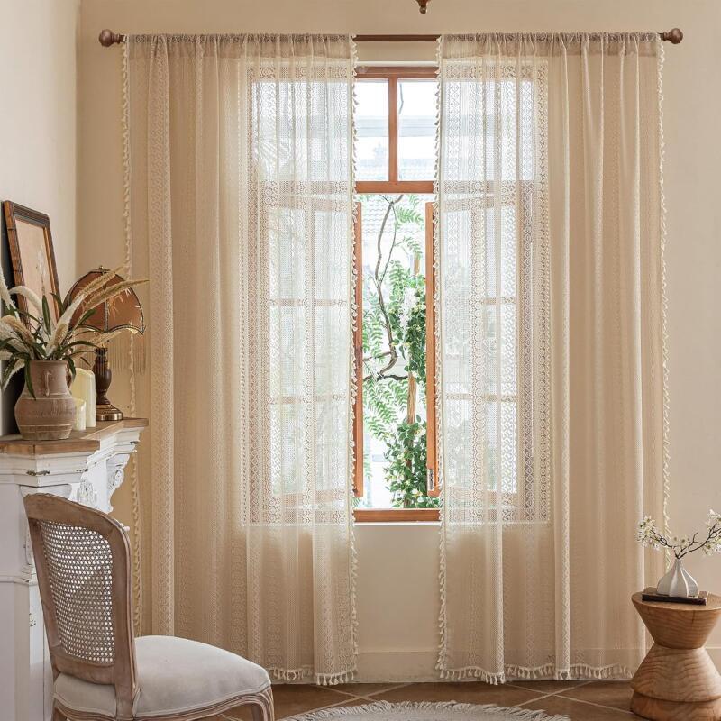 Wohnzimmergardinen, 100 Cm Lang, Mit Spitzenquasten, Zweiteiliges Set, Gehäkelte Geometrische Streifen, Halbtransparent, 140 X 100 Cm