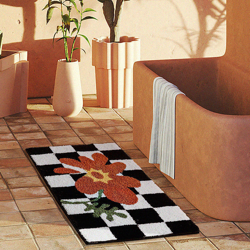Schwarz-weiße, Rutschfeste Fußmatte Mit Karomuster, Hübsche Fußmatte Für Bad, Küche, Wohnzimmer, Mit Orangefarbenen Blumen, 50 X 80 Cm