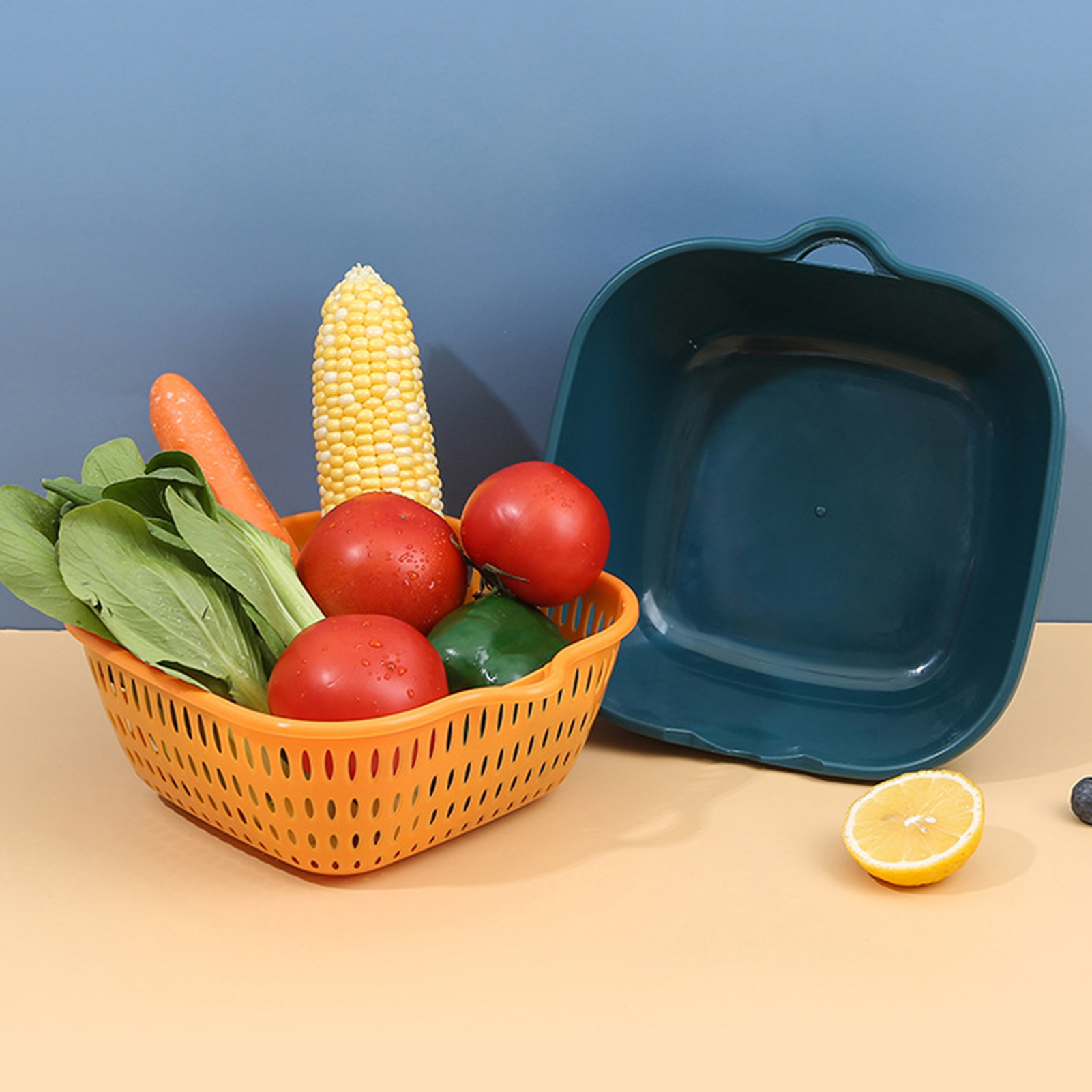 Obst- Und Gemüsesieb, Mehrlagig, Küchenwaschkorb Mit Aufhängeloch, Blau-gelb, 20 X 18 X 8 Cm / 7,9 X 7,1 X 3,1 Zoll