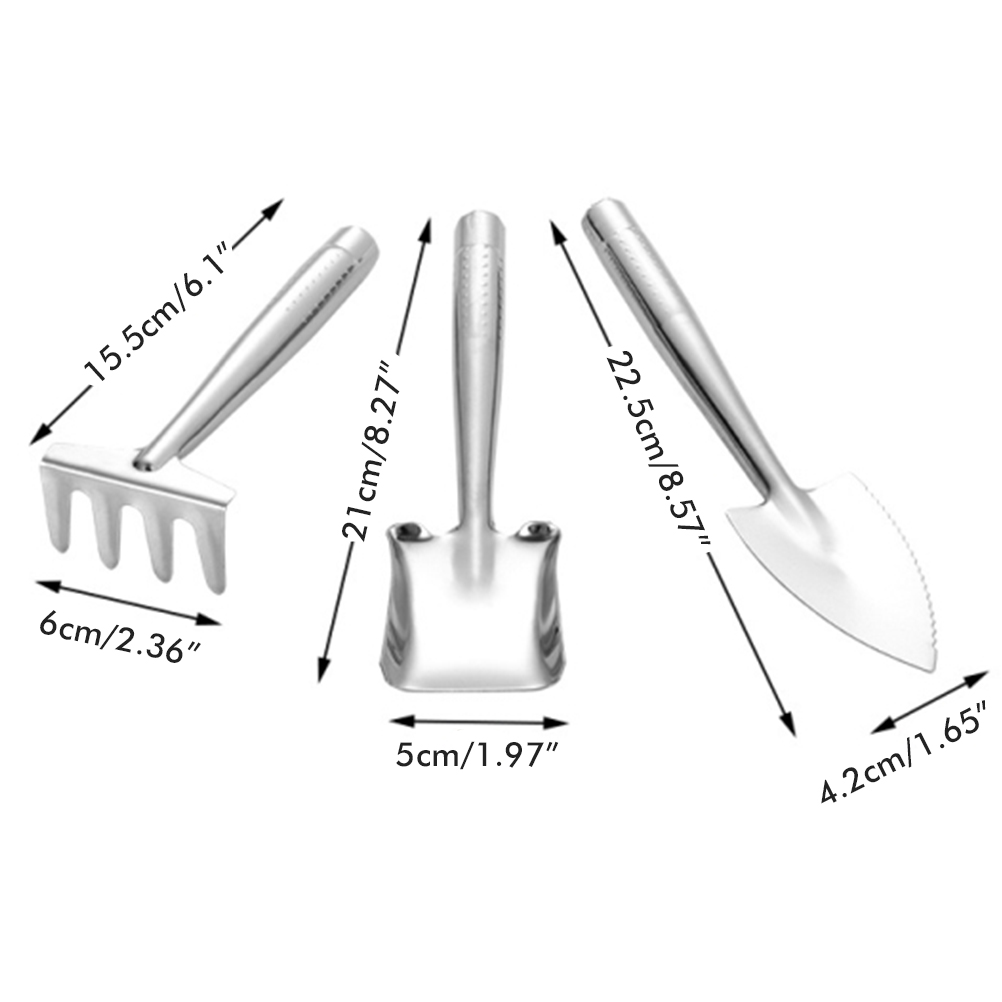 Set Aus 3 Mini-edelstahl-pflanzkellen, Bestehend Aus Einer Unkrautgabel Und Einer Umpflanzkelle.