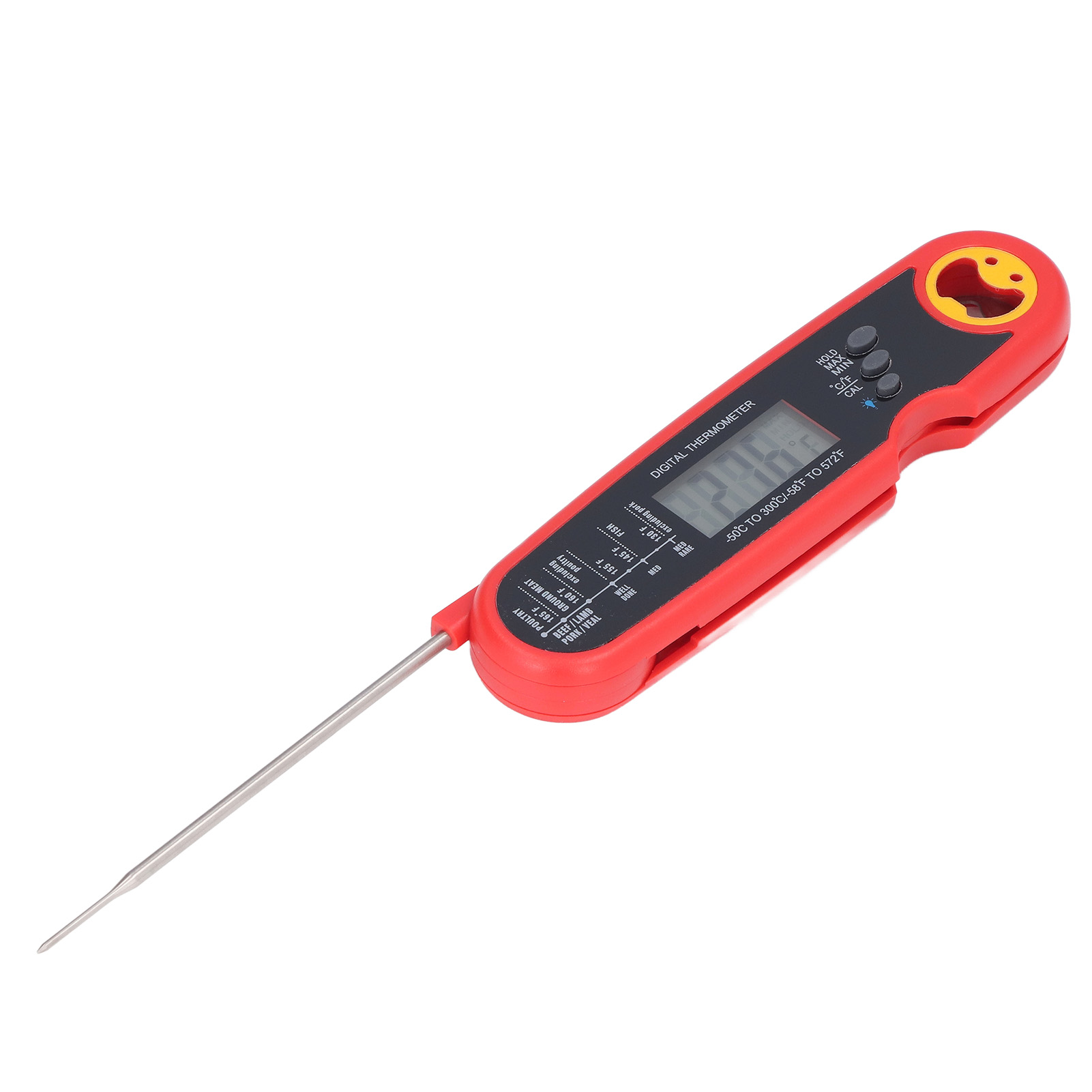 Faltbares, Wasserdichtes, Elektrisches Lebensmittelthermometer Mit Sonde Für Grillgerichte (rot). Schnelle Temperaturmessung.