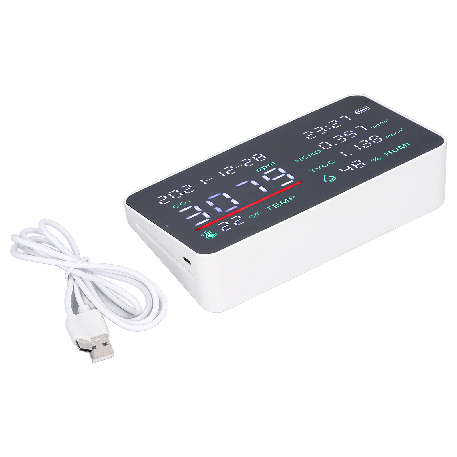 Luftqualitätsmonitor Mit Halbleiter-usb-ladefunktion, Innenraumtemperatur-, Luftfeuchtigkeits- Und Kohlendioxid-detektor, Weiß