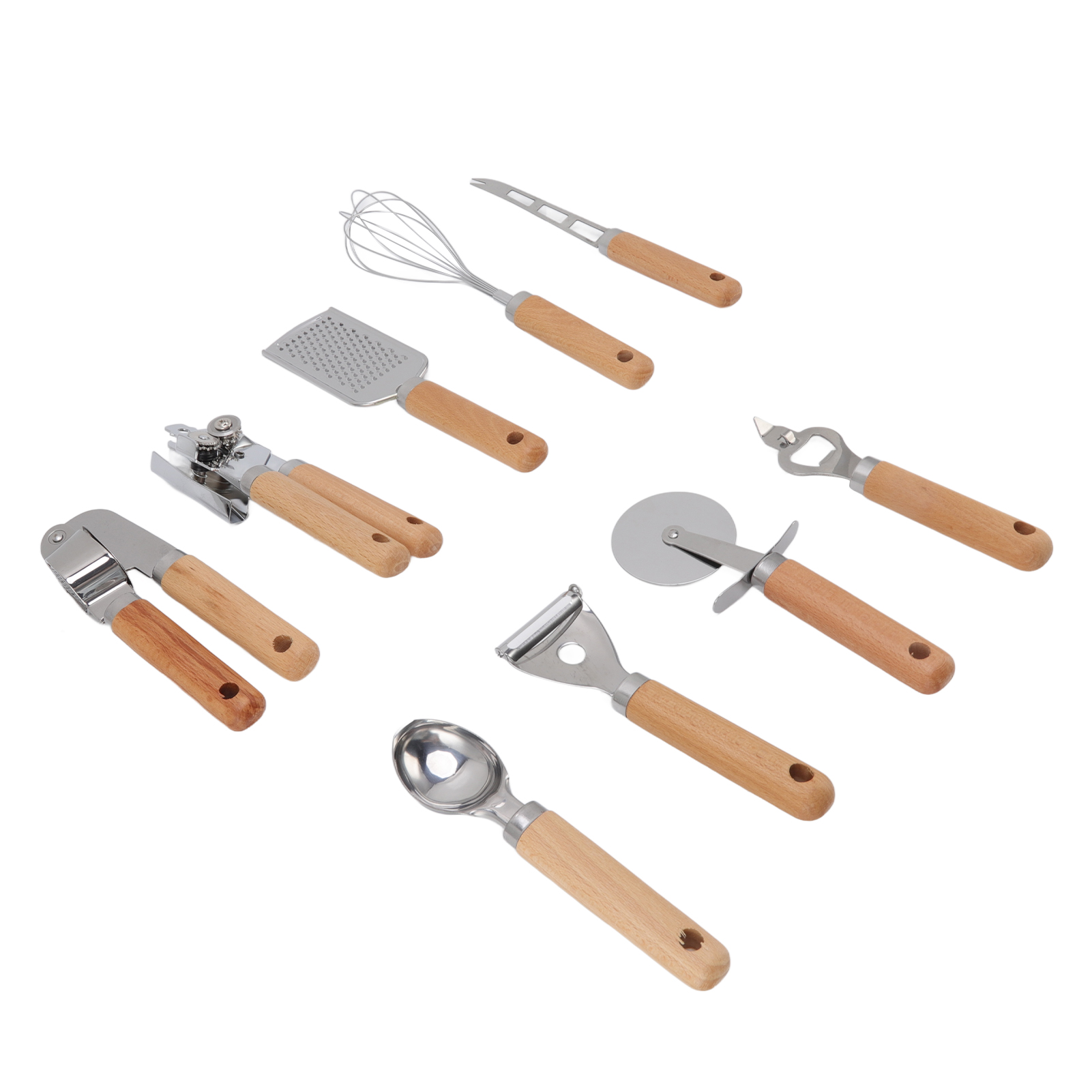 9-teiliges Küchenutensilien-set Mit Holzgriffen, Aus Edelstahl, Leicht Zu Reinigen Und Strapazierfähig. Farbenfrohe Verpackung.