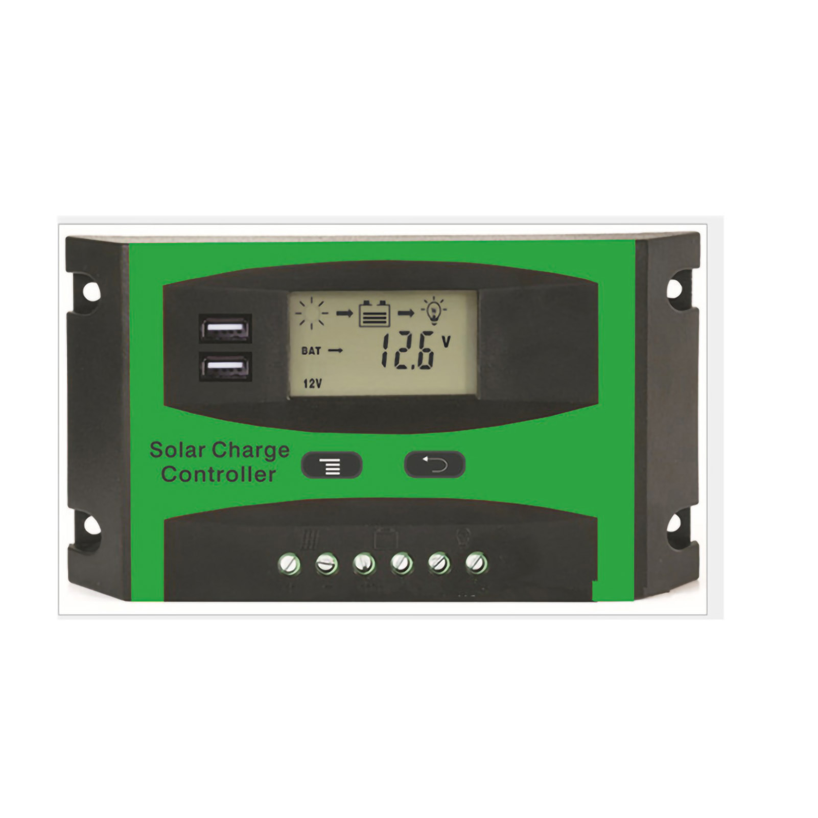 Solarladeregler Mit Zwei Usb-anschlüssen, Lcd-bildschirm Und Lade-/entladeregler Für Solarmodule Und Batterien.