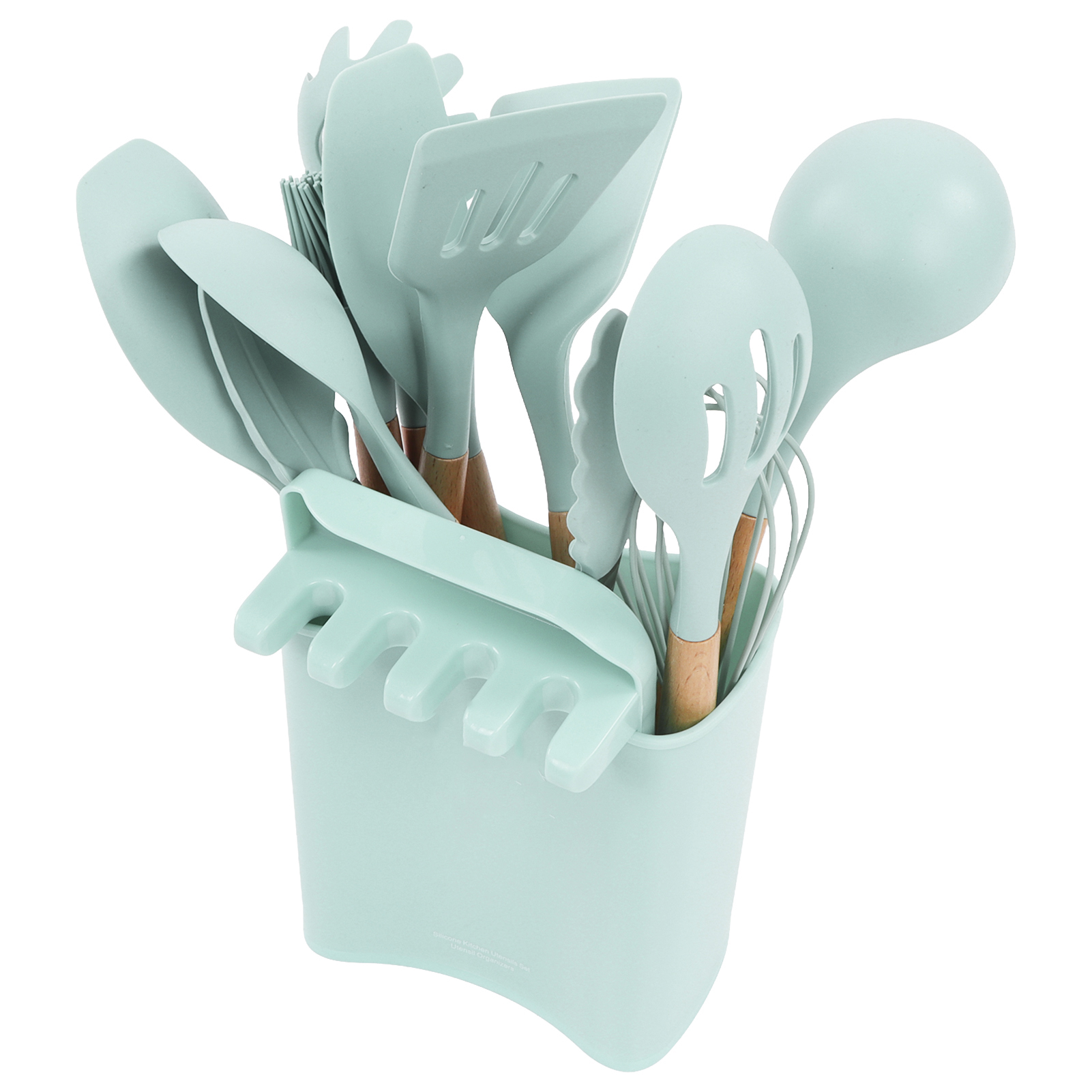 13-teiliges Küchenhelfer-set Aus Silikon Mit Holzgriff, Spatel, Löffel Und Halter – Hellgrün
