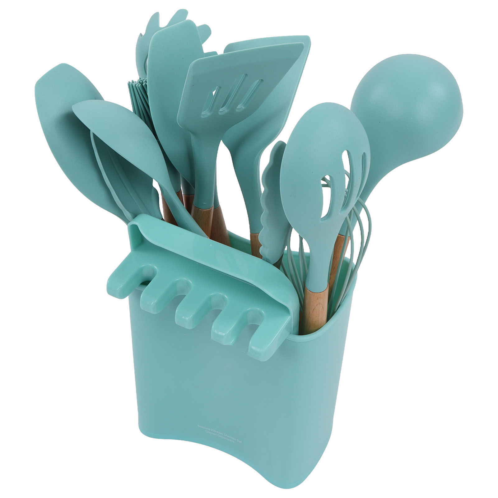 13-teiliges Küchenhelfer-set Aus Silikon Mit Holzgriff, Spatel, Löffel Und Halter, Dunkelgrün