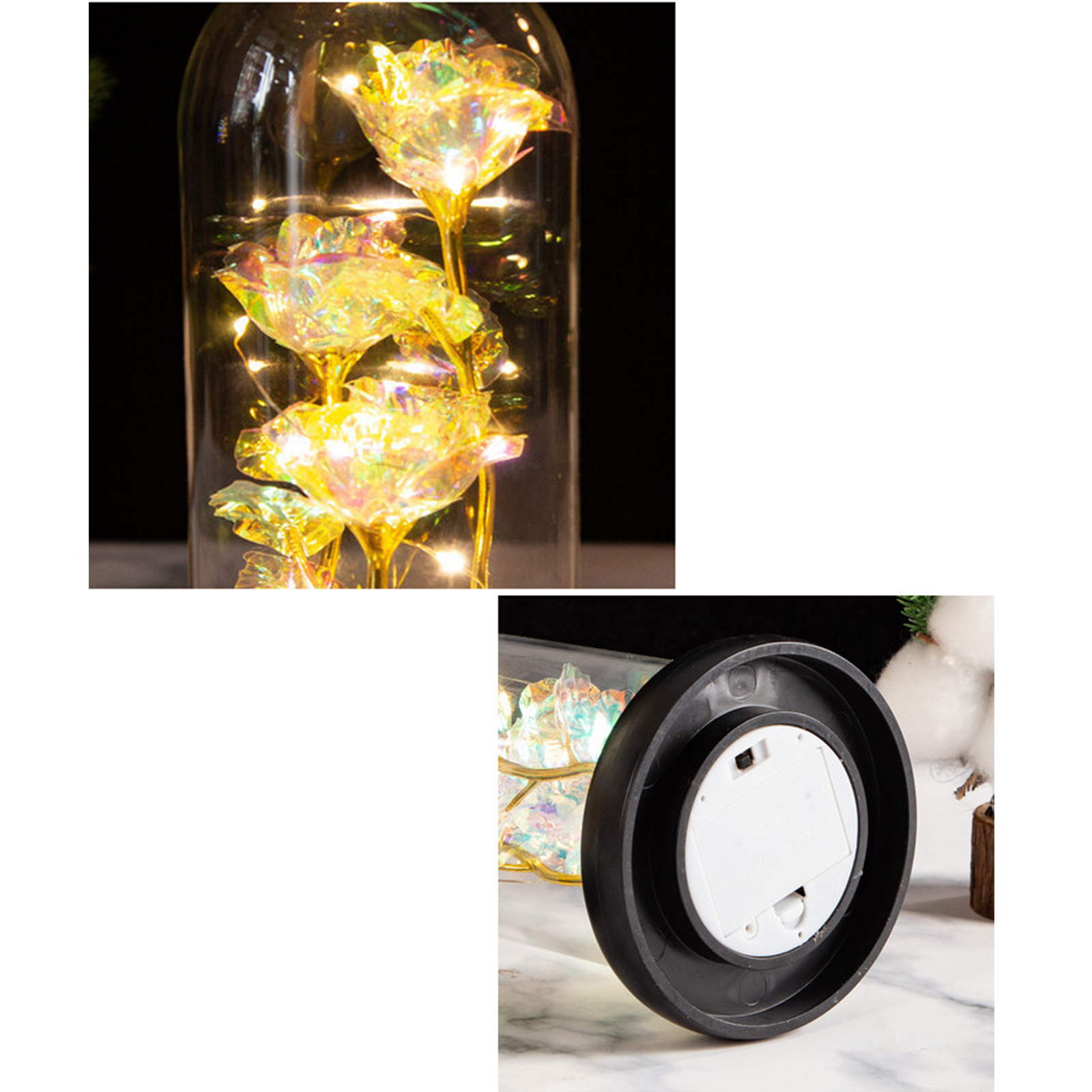 Led-rosenleuchte, Rose Im Glas Auf Holzsockel, Künstliche Rosenblume, Konservierte Rose Mit Led-beleuchtung