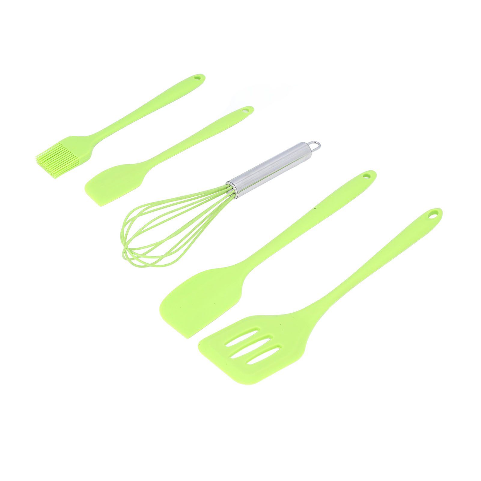 Set Mit 5 Küchenutensilien Aus Silikon, Hitzebeständig Und Leicht Zu Reinigen, In Grün.